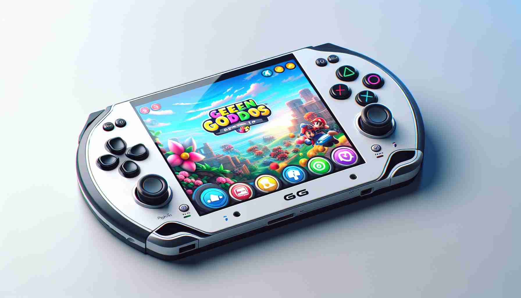 Generate a highly detailed and realistic image of a new fictional gaming console. The console should bear resemblance to popular handheld devices, with a bright screen showcasing a colorful game, navigational buttons, and a sleek, compact design, ideal for portability. Ensure the colors are vivid and the resolution is high, emulating a high-definition image.