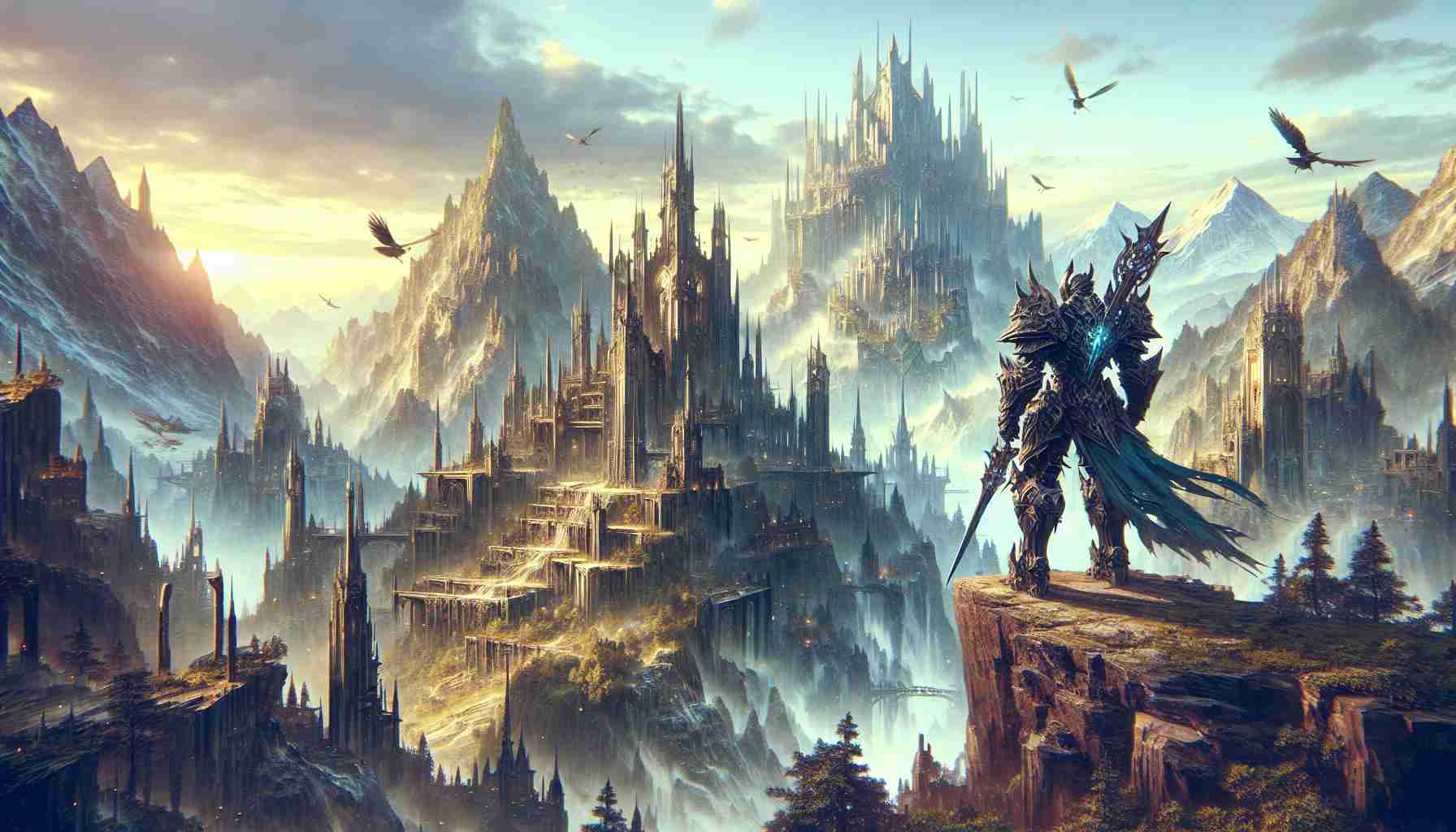 Generate a high-definition, realistic image depicting the thrilling excitement of an action RPG game. Show off landscapes filled with towering structures, terrifying monsters, and courageous heroes equipped with intricate armors and weapons. Further enhance the image with effects that signal intense battles and breathtaking quests, giving a glimpse of the captivating world of the game.