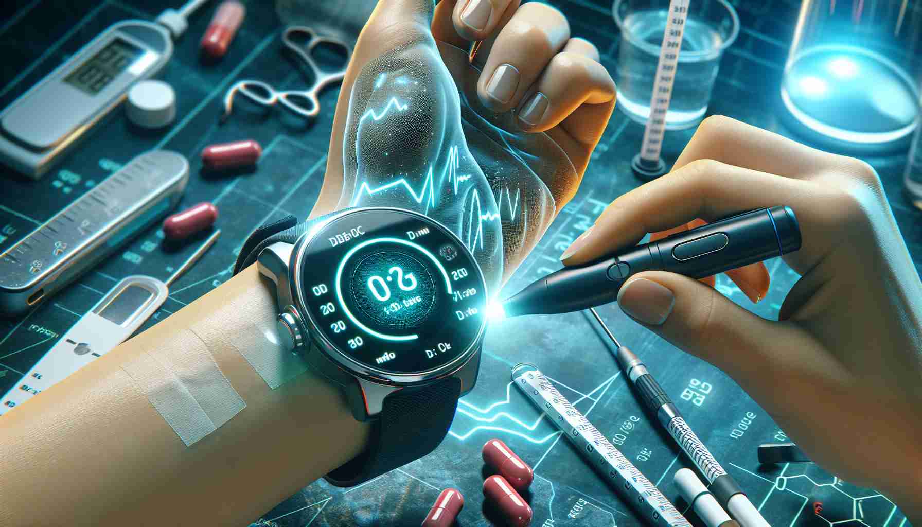 High-definition realistic image of measuring blood sugar using a smartwatch, representing a new perspective in health and technology