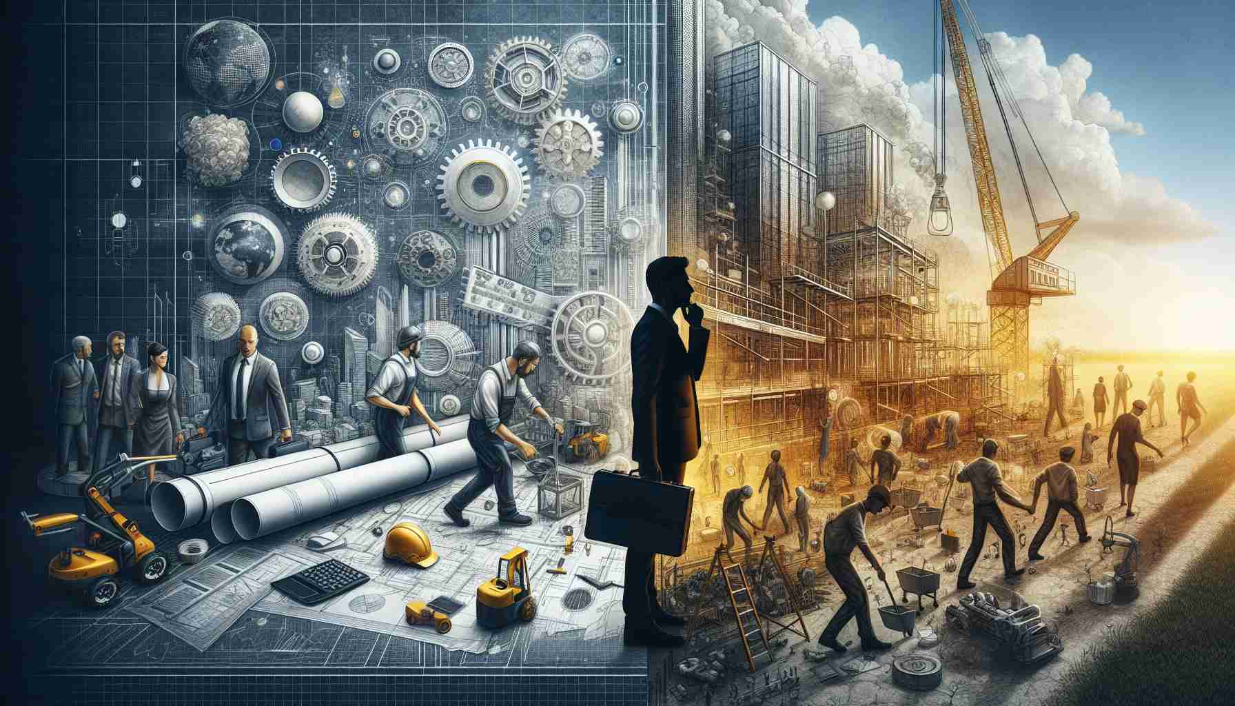 Generate a High Definition, realistic photo illustrating the opportunities and challenges in constructing large-scale scientific projects. The image should symbolically represent technological advancement, innovation, and determined workers on the one hand, and the difficulties of resource allocation, complex architectures, and potential failures on the other. There should be elements like blueprints, models of advanced buildings, machines and tools, hardworking individuals of different genders and descents like Caucasian, Hispanic, Middle-Eastern, etc. On the other side, illustrate bars or obstacles, unfinished or crumbling infrastructures, and stressed individuals of different genders and descents such as Black, Asian and South Asian.
