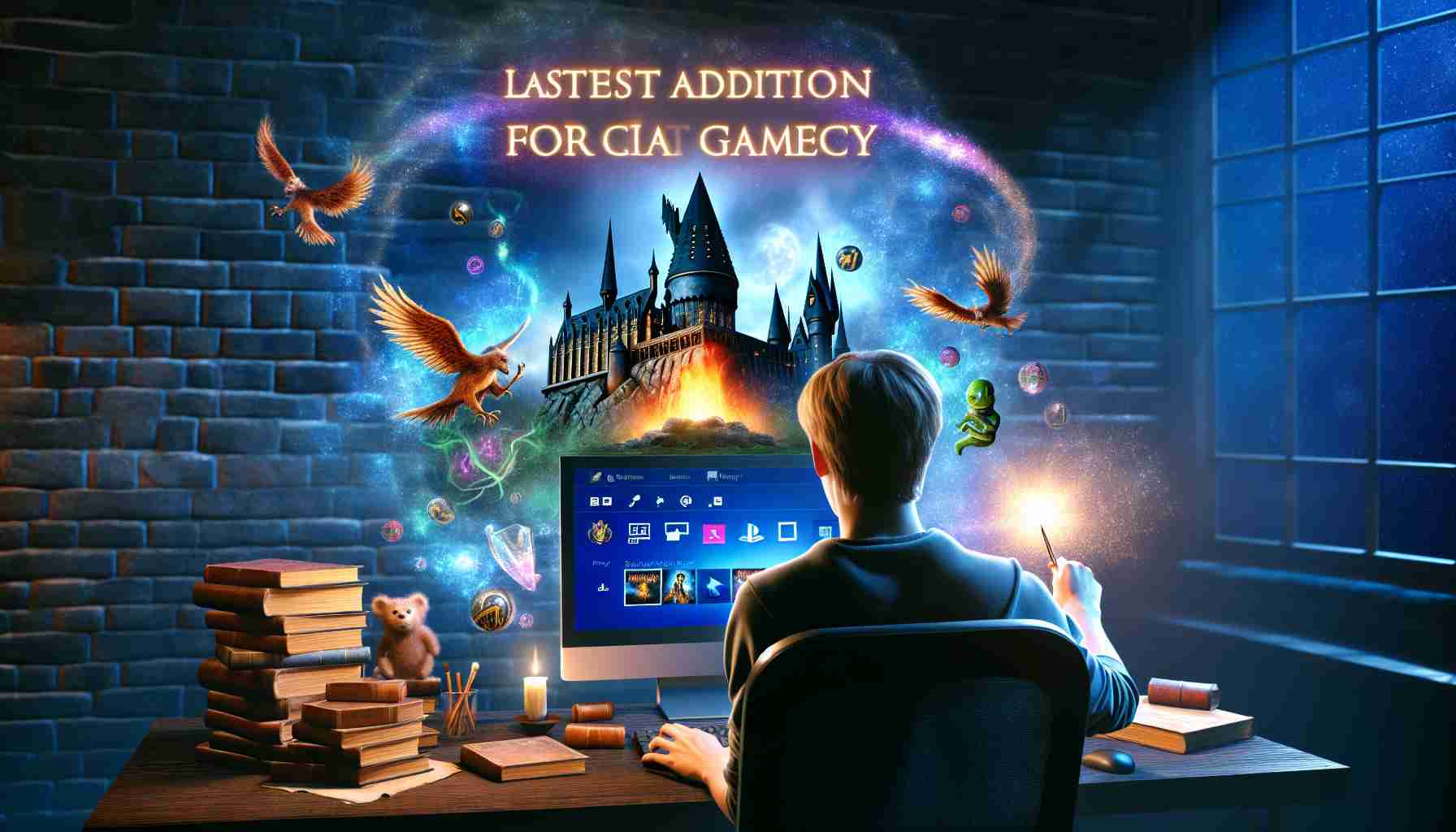 Create a high-definition realistic image showcasing the latest addition for gamers of a magical school's legacy, unable to be accessed through PlayStation. The scene can depict an enthusiastic gamer in front of a computer screen, with the game's title vividly displayed and magical elements surrounding the atmosphere. Adding details like a magical wand, mystical creatures, or ancient book could add more context to the Hogwarts-inspired theme.
