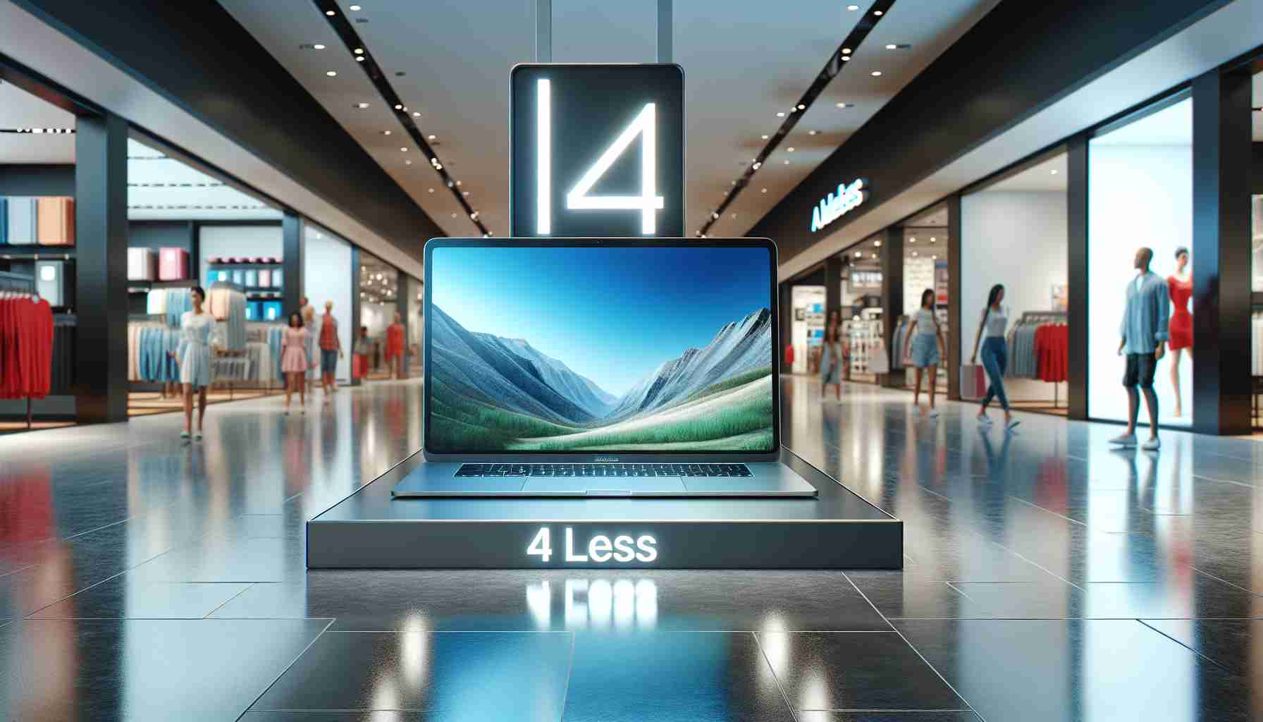 A high-definition, realistic image of a MacBook computer displayed in a shopping zone. The theme of the shopping zone is '4 Less', indicating that it caters to enthusiasts who appreciate affordable prices.