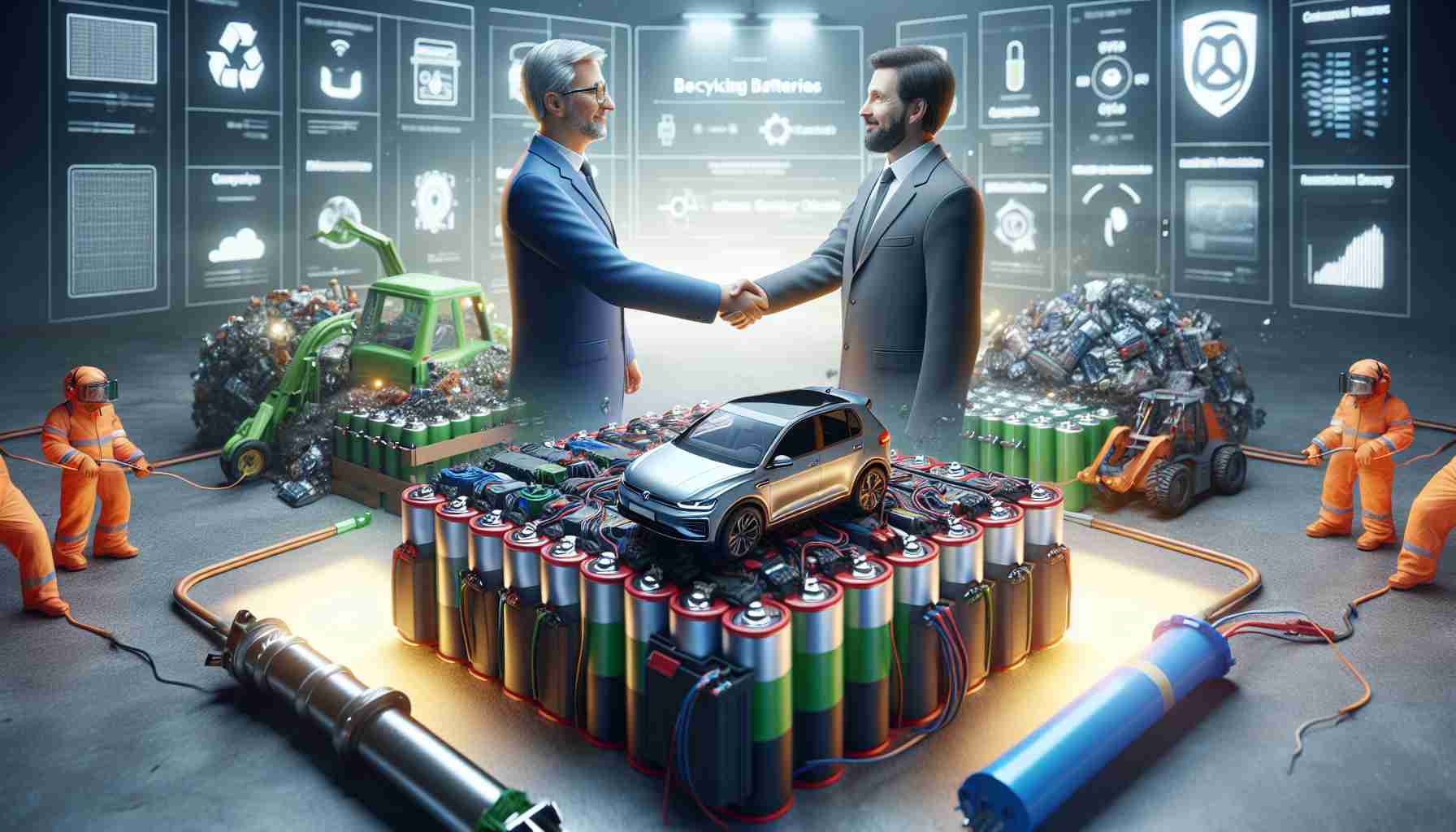 High-definition, realistic image of the partnership between an Italian automotive manufacturer company and a German chemical producer for recycling batteries of electric vehicles.