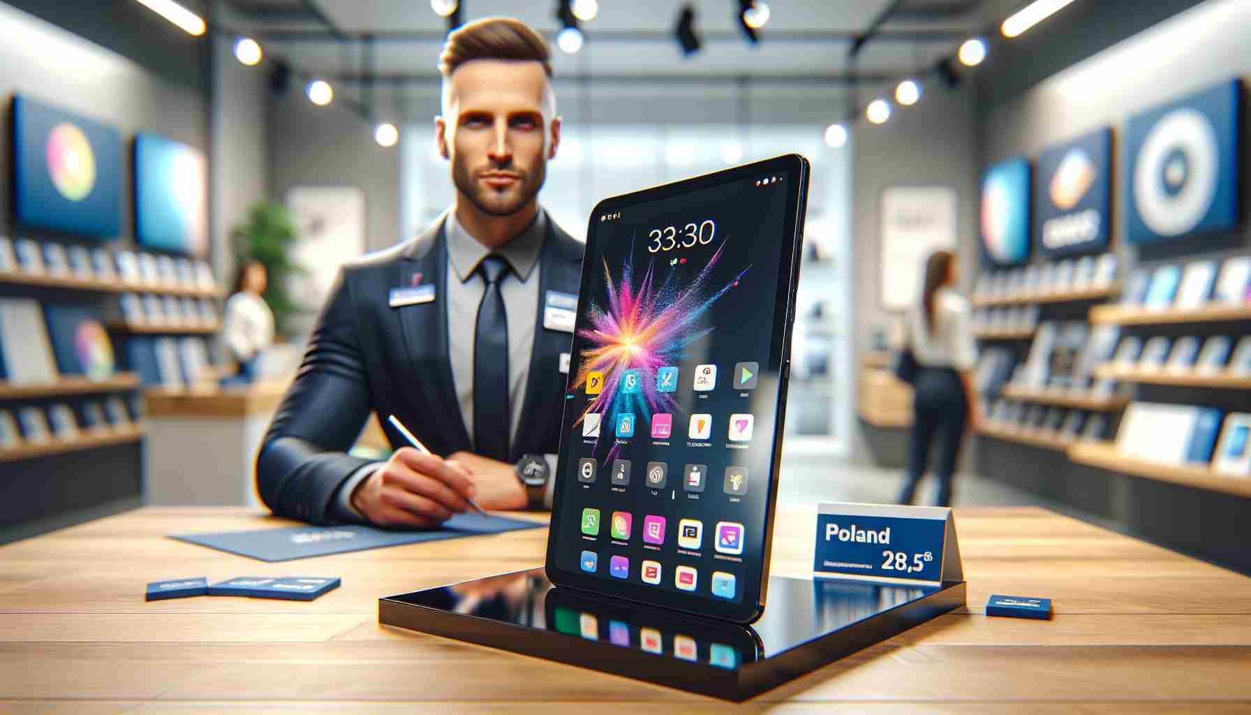 Generate a realistic, high-definition illustration of a modern tablet in a sales setting in Poland, presenting the device's sleek design, vibrant display, unique features and overall high technological quality. The tablet should be the centrepiece, perhaps displayed on a polished wooden table, with the retail environment hinted at through details such as price tags in Polish currency, promotional posters, and a sharp, well-dressed store associate.