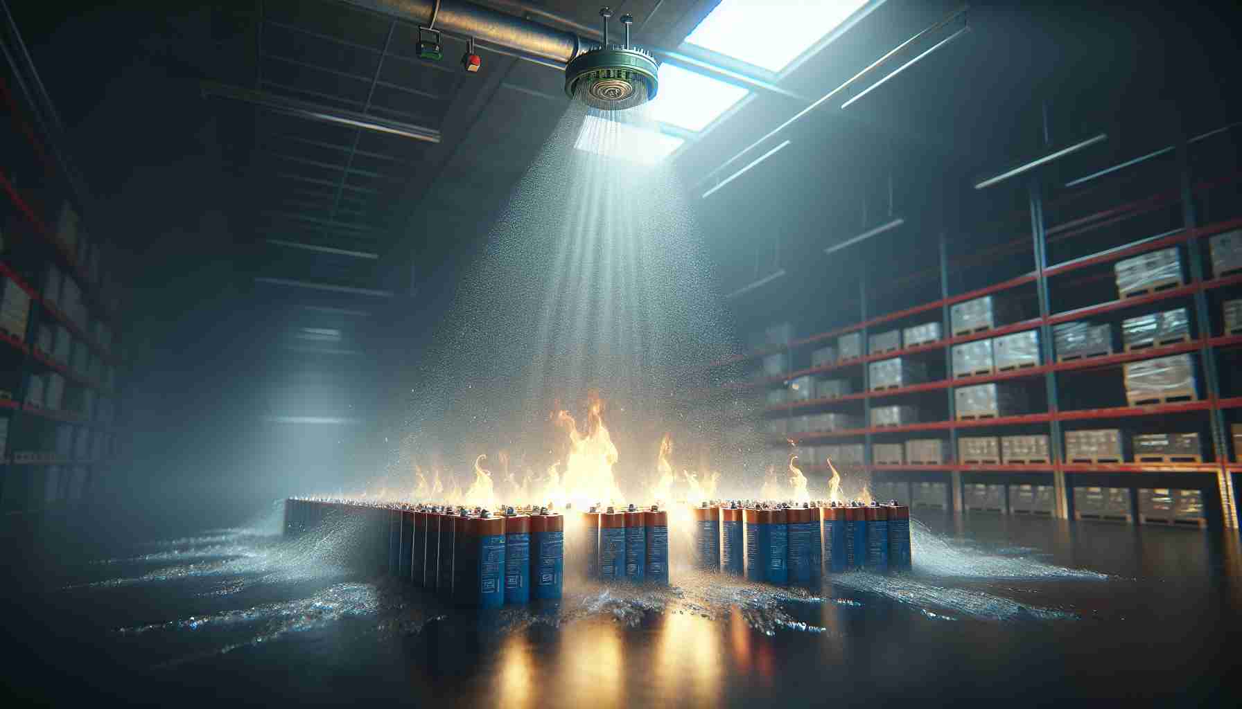 Create a realistic, high-definition image of a functional sprinkler system in action. The scene takes place in a warehouse, where a minor battery fire has just begun. The sprinkler system immediately activates, sending a layer of water down onto the batteries and halting the potential devastation. The light coming from the small fire highlights the water droplets from the sprinkler, creating a dramatic and intense scene.