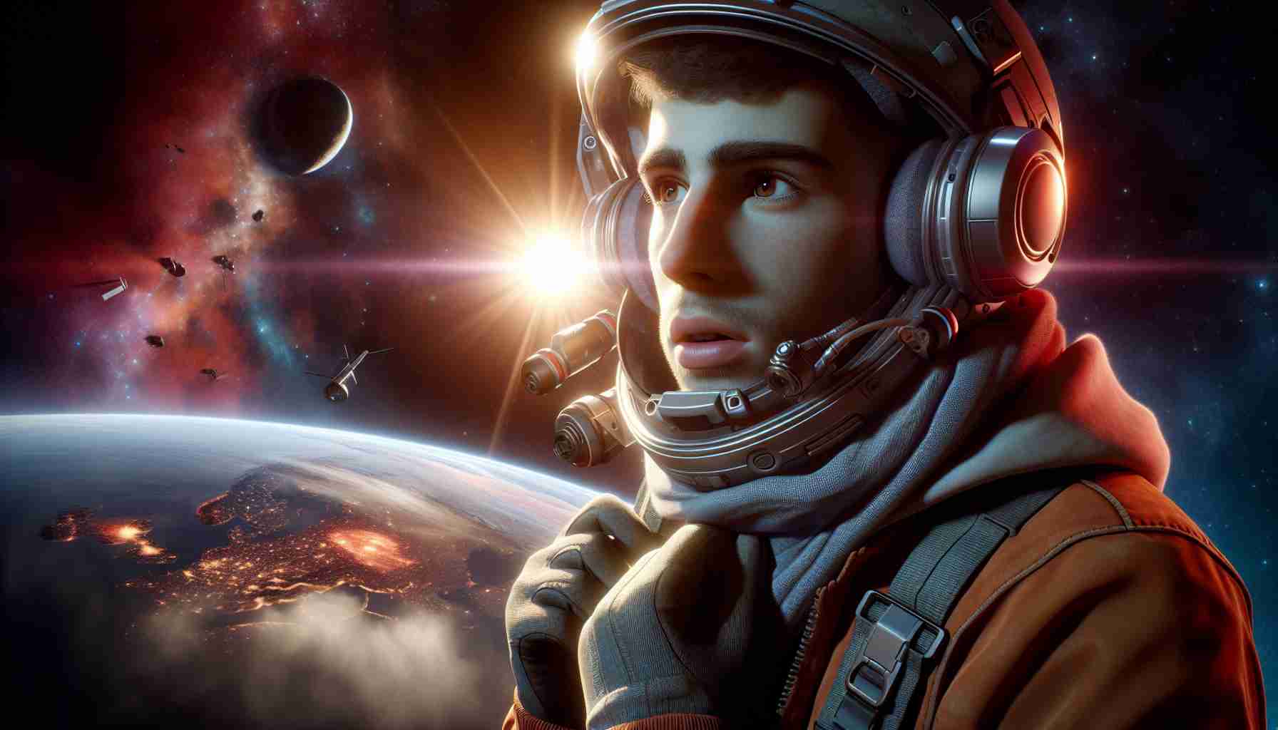 Realistic HD image of a young exoplanet explorer, taken aback by the discovery of water vapor in the atmosphere