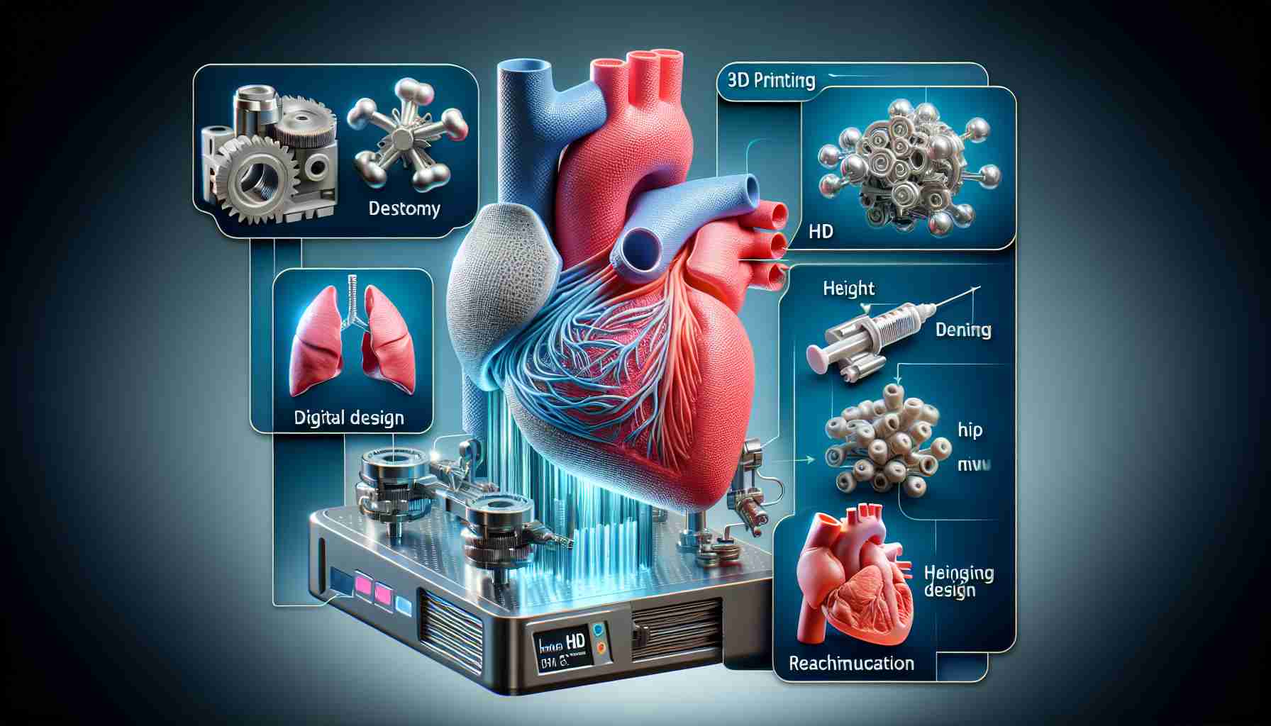 Realistic HD image showing the advantages of 3D printing in the medical industry, with indications of the transition from digital design to physical model.