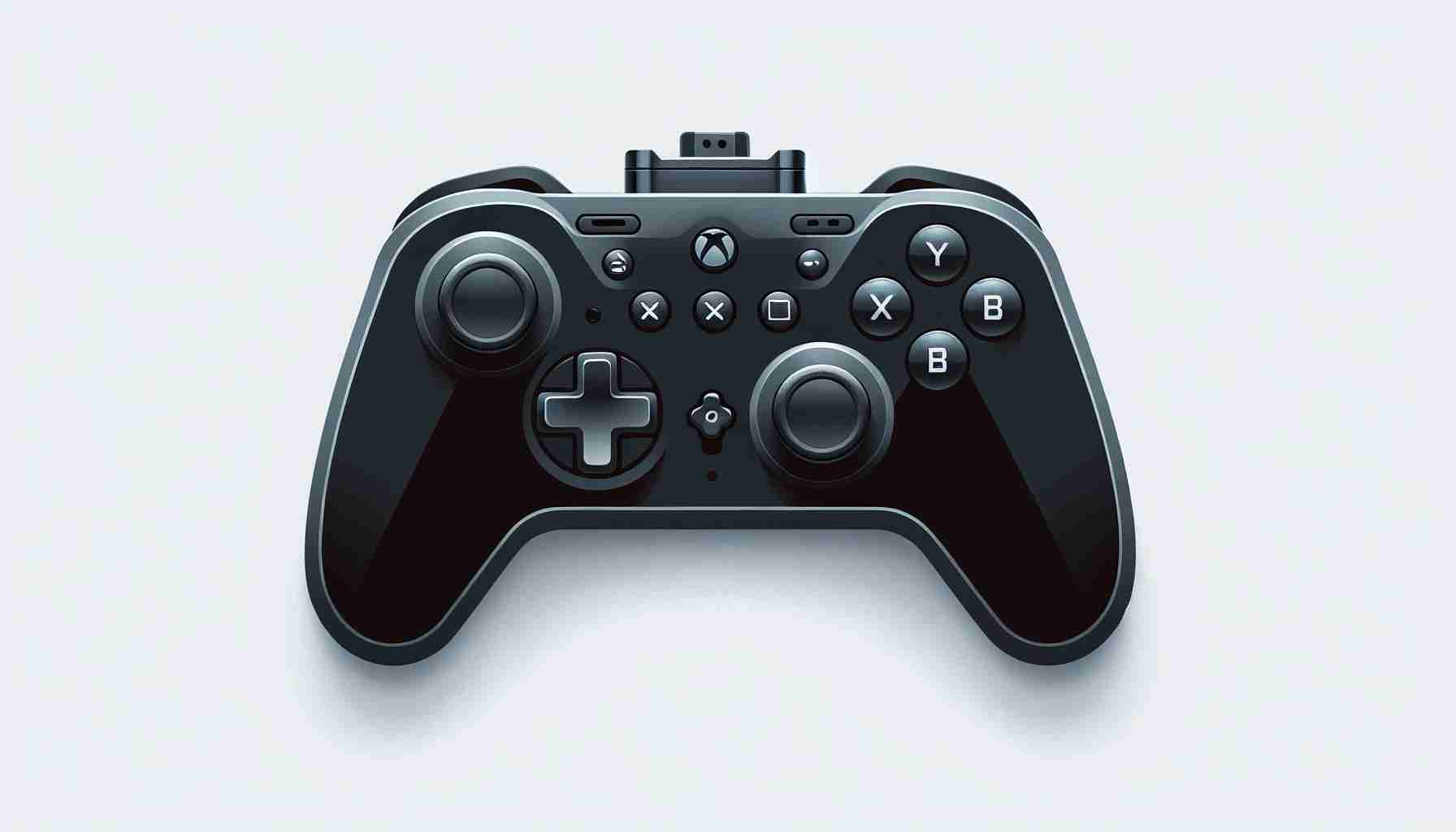 An HD illustration of a modern mobile gaming controller, visually similar to an Xbox's. It has a horizontal orientation design with two analog sticks, action buttons, and a directional pad. Its body is dark-colored, and it can accommodate a mobile phone in the middle.