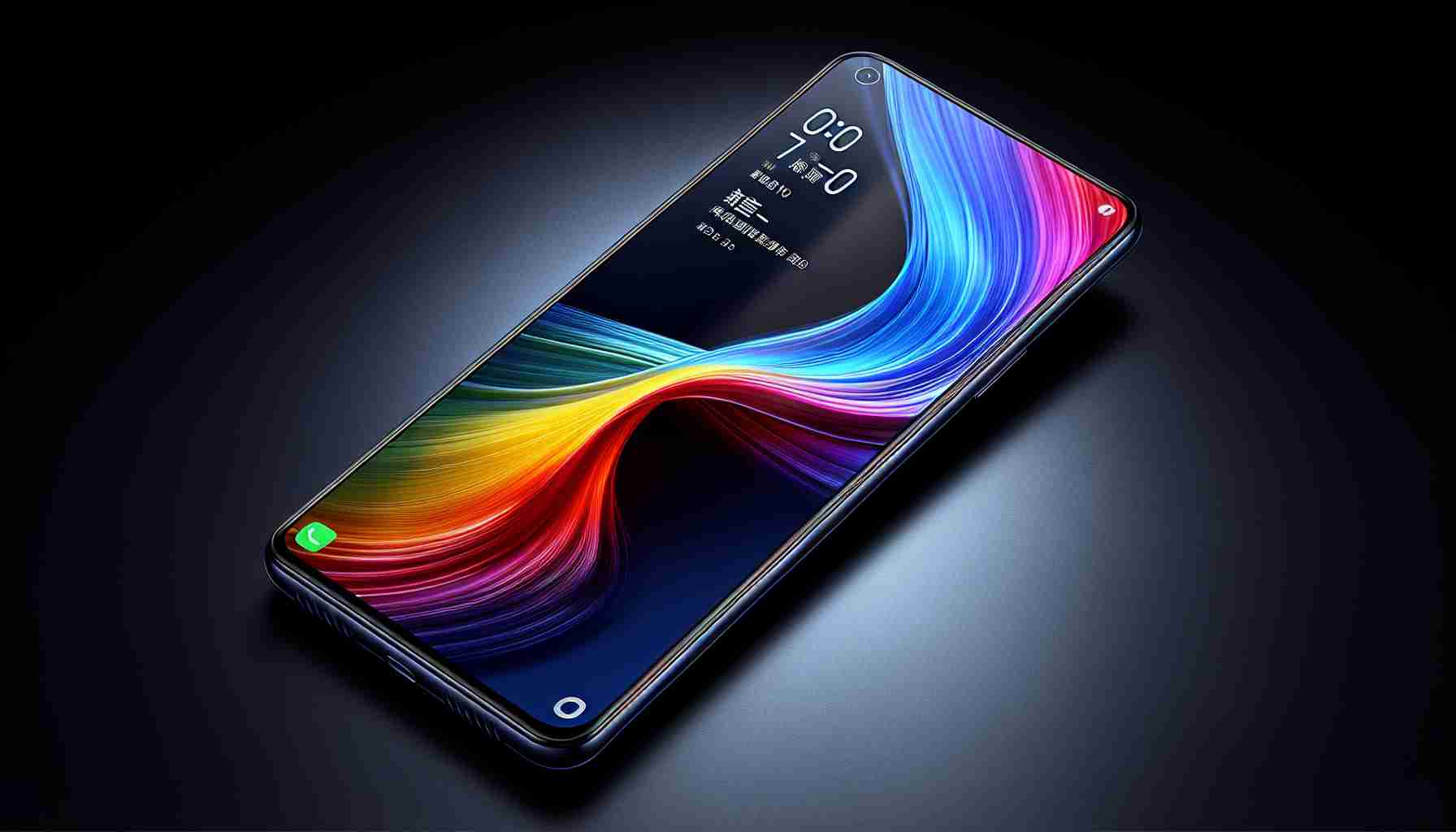 Create a realistic, high-definition image of the Oppo A90 smartphone. This phone, with its high-quality specifications, is renowned for its affordable price point. It should be depicted from the front to showcase its screen and user interface, offering a peak at its impressive design aesthetics. The phone should be turned on, with vivid and bright display showcasing an appealing wallpaper. Please pay close attention to the details, emphasizing the quality and craftsmanship of the phone.