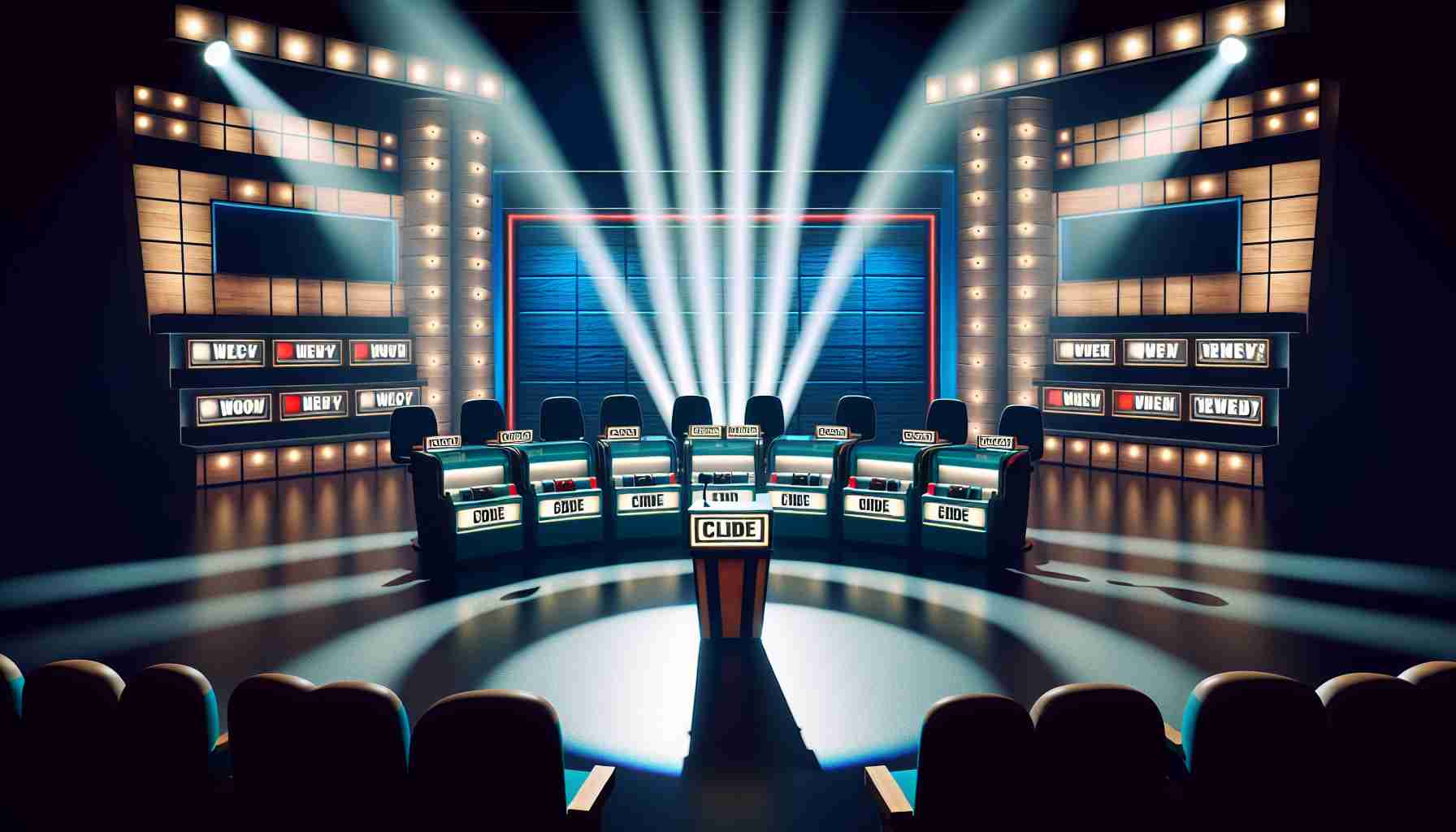 A realistic high-definition (HD) image of the set from a popular trivia game show. The set is designed with a spotlight focused on the host's podium, ten equally spaced participant booths with buzzers, and an audience area in the shadows. The atmosphere is tense, with an air of mystery, and the colors used in the set design contribute to a dramatic, prime-time appearance.