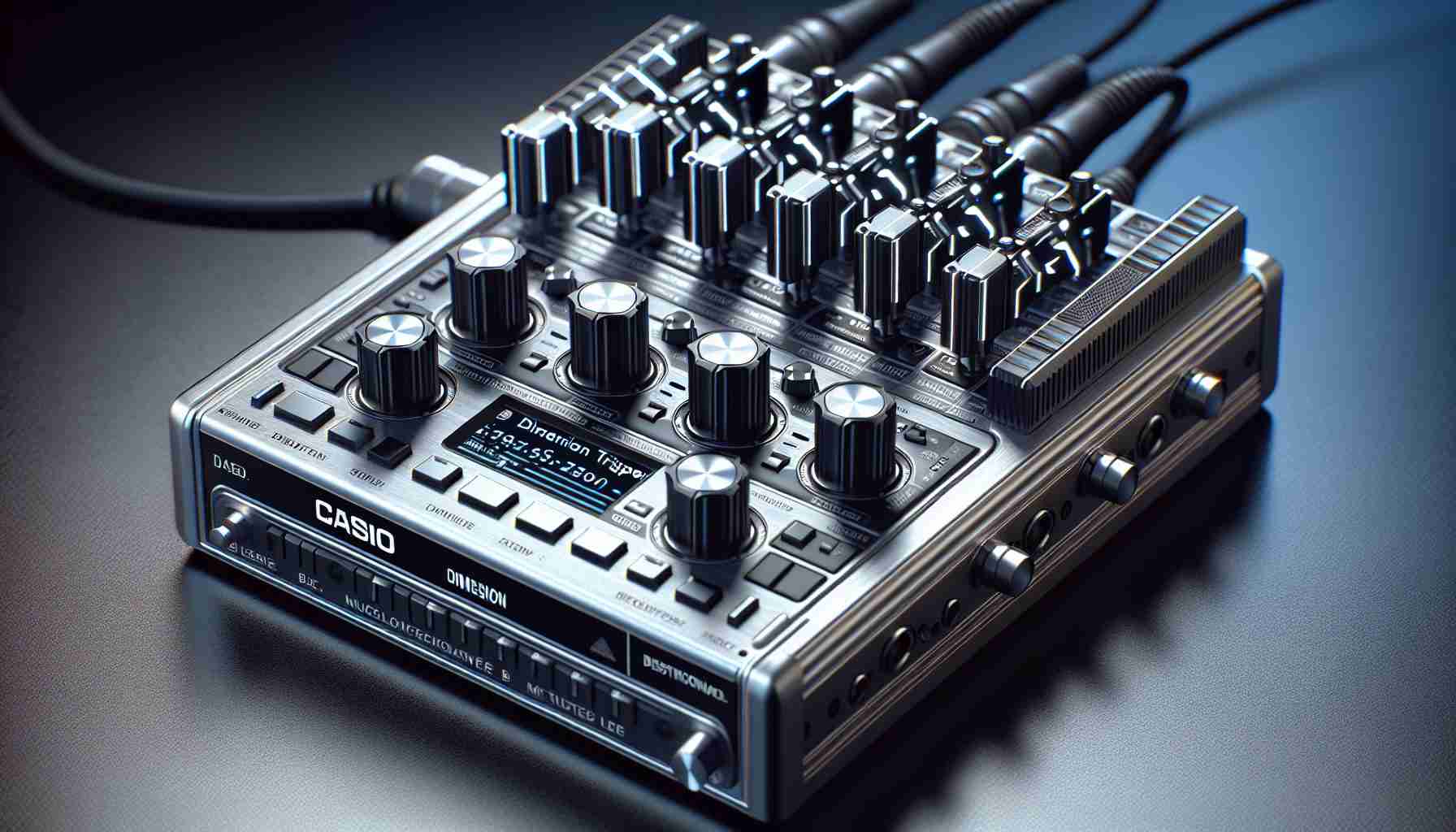 High definition realistic image of a new invention in the music world: Casio Dimension Tripper – a digital B-Bender that modifies sounds. The device appears to be finely crafted with intricate details that exemplify the technological prowess involved in its creation.