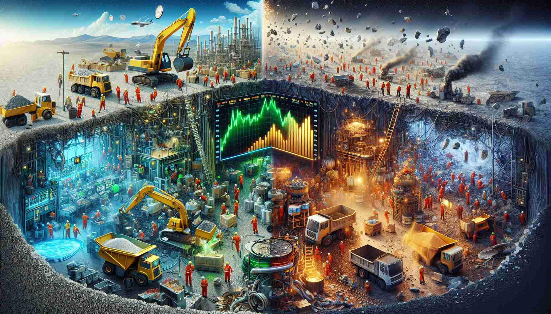 A high-definition, realistic illustration depicting the volatile nature of the Lithium industry. The image is split into two halves. The left half, 'Boom', shows a bustling lithium mine with workers of diverse descents and genders diligently working, surrounded by high-tech machinery, thriving activity and bullish graphs indicating high profits. The right half, 'Bust', serves as stark contrast, depicting an abandoned mine, idle machinery, a bearish graph on a dilapidated electronic screen and signs of economic struggle. It's an interpretation of the cyclical, unpredictable pattern of the Lithium industry.