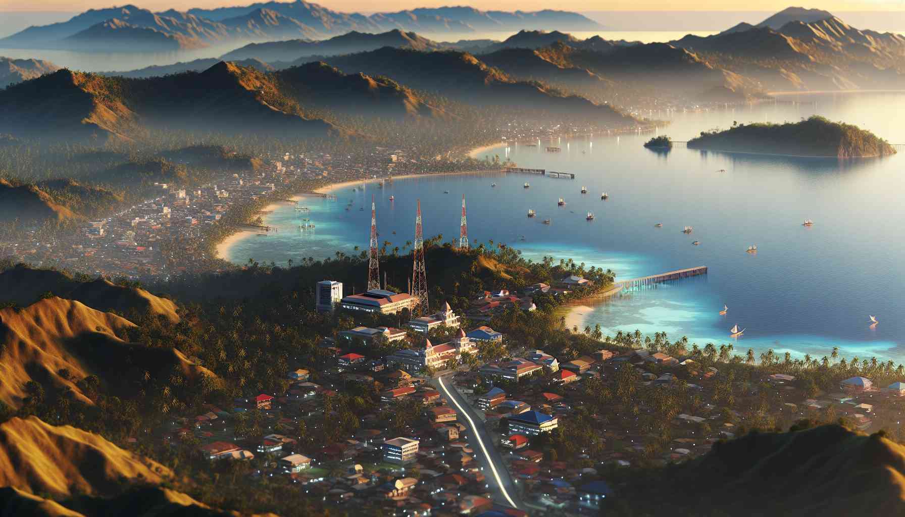 A high-definition, realistic visual representation of Bislig, Philippines highlighting its geographical location, historical significance, and telecommunication services.