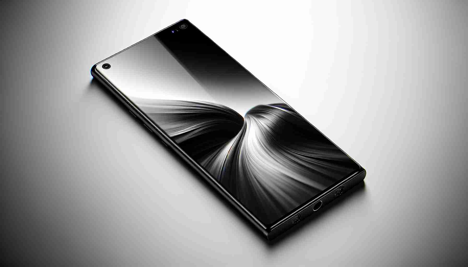 A highly detailed, realistic image of a premium black smartphone, embodying perfection in portable form. It should be viewed from the front with the screen displaying a soothing abstract wallpaper. The phone is designed with a unique curvature, multiple lens cluster at the back, and a sleek frame that exudes a classy look. The image of the smartphone should be set against a white minimalist background to highlight the object's design details.