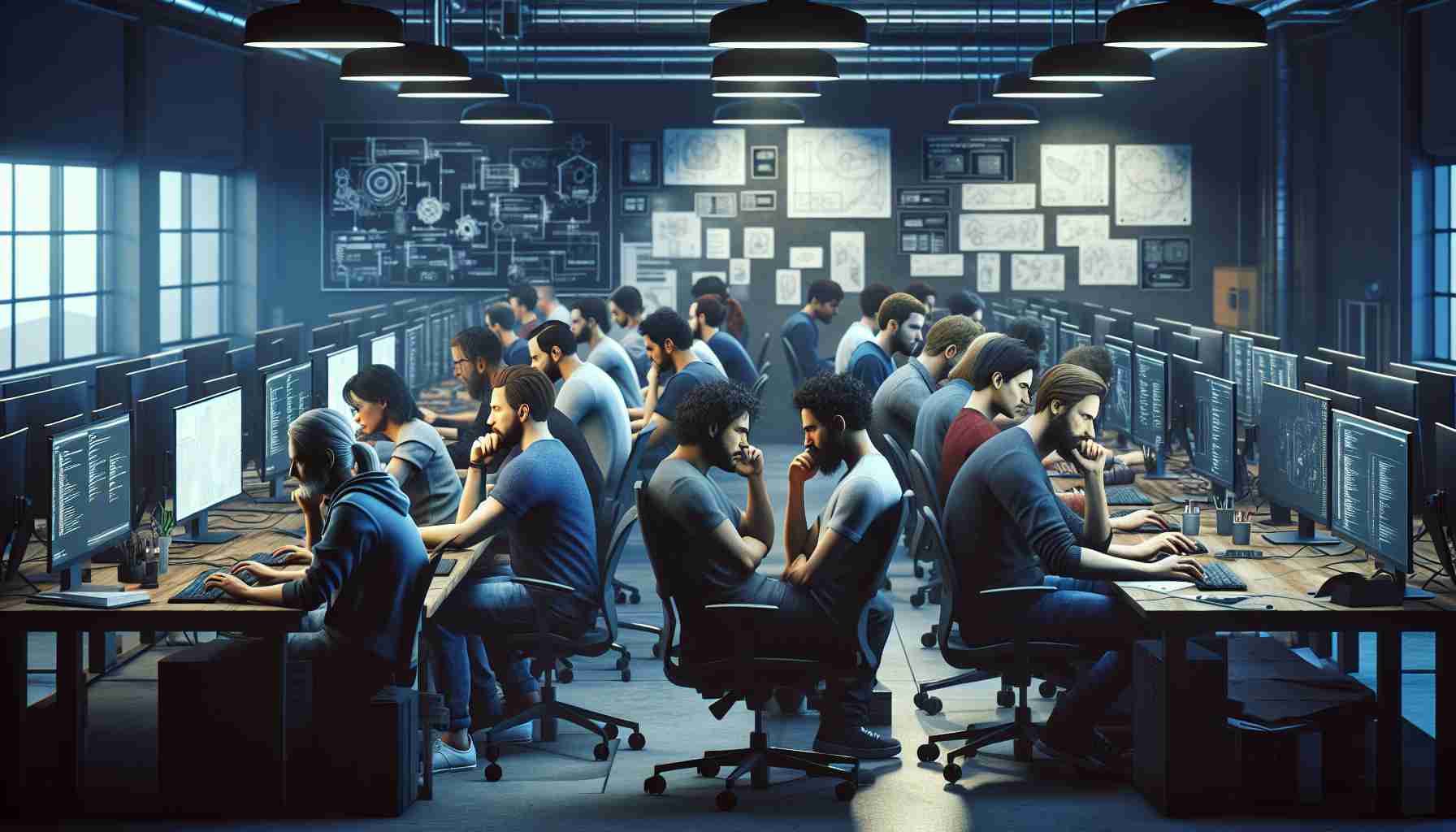 A realistic and high-definition image depicting programmers deeply engrossed in their work, highlighting their concerns and challenges. You can see a diverse group of developers, with people of different genders and descents, including Caucasian, Hispanic, Black, Middle-Eastern, and South Asian. The scene is set within a modern game development studio with multiple computers and gaming consoles on the desks, blueprints and concept artwork on the walls, and dimly lit rooms filled with a focused mood of problem-solving and creativity.
