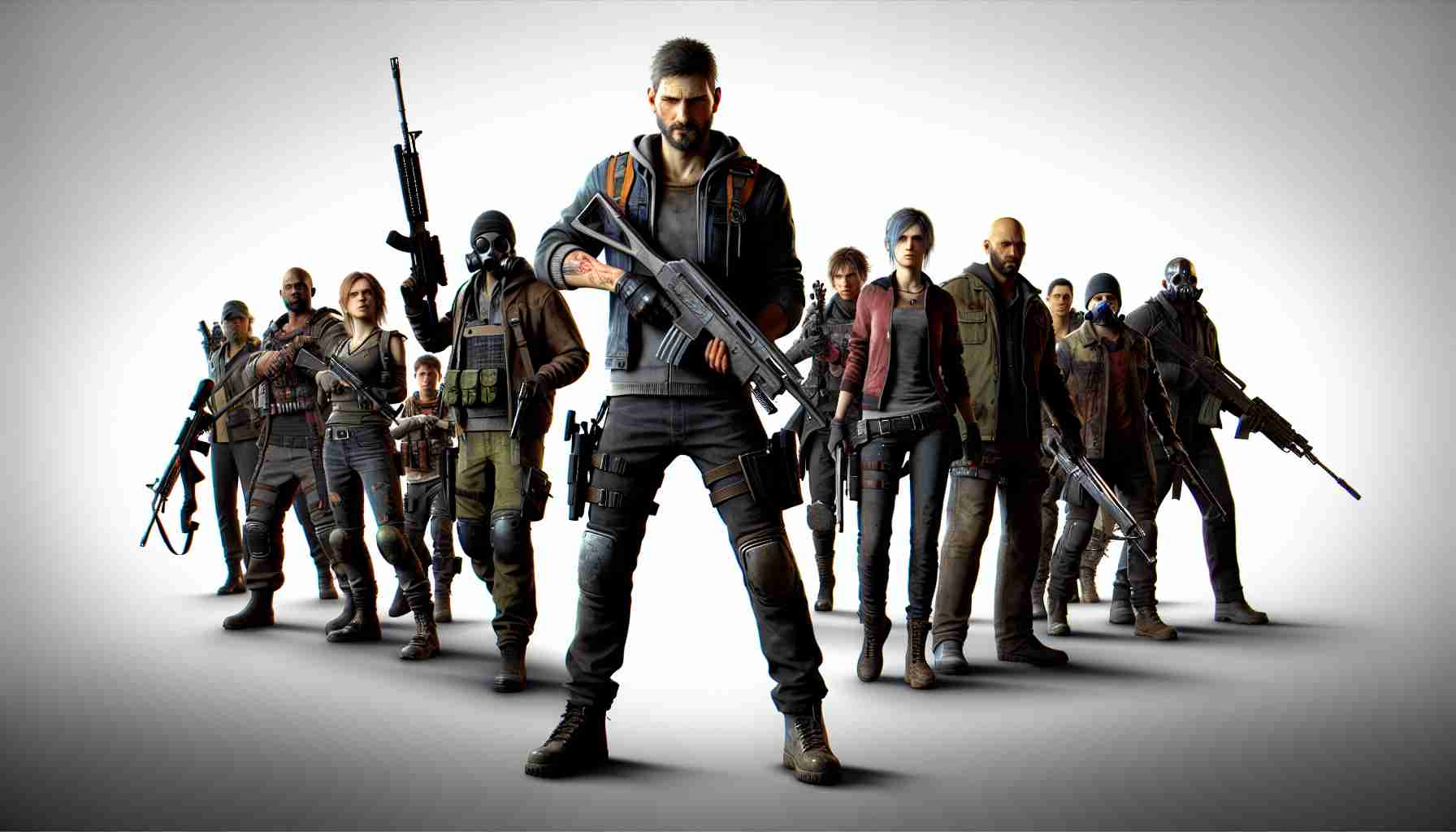 Generate a hyper-realistic HD image showing a group of fictional video game characters from a well-known multiplayer PlayStation game standing heroically together.