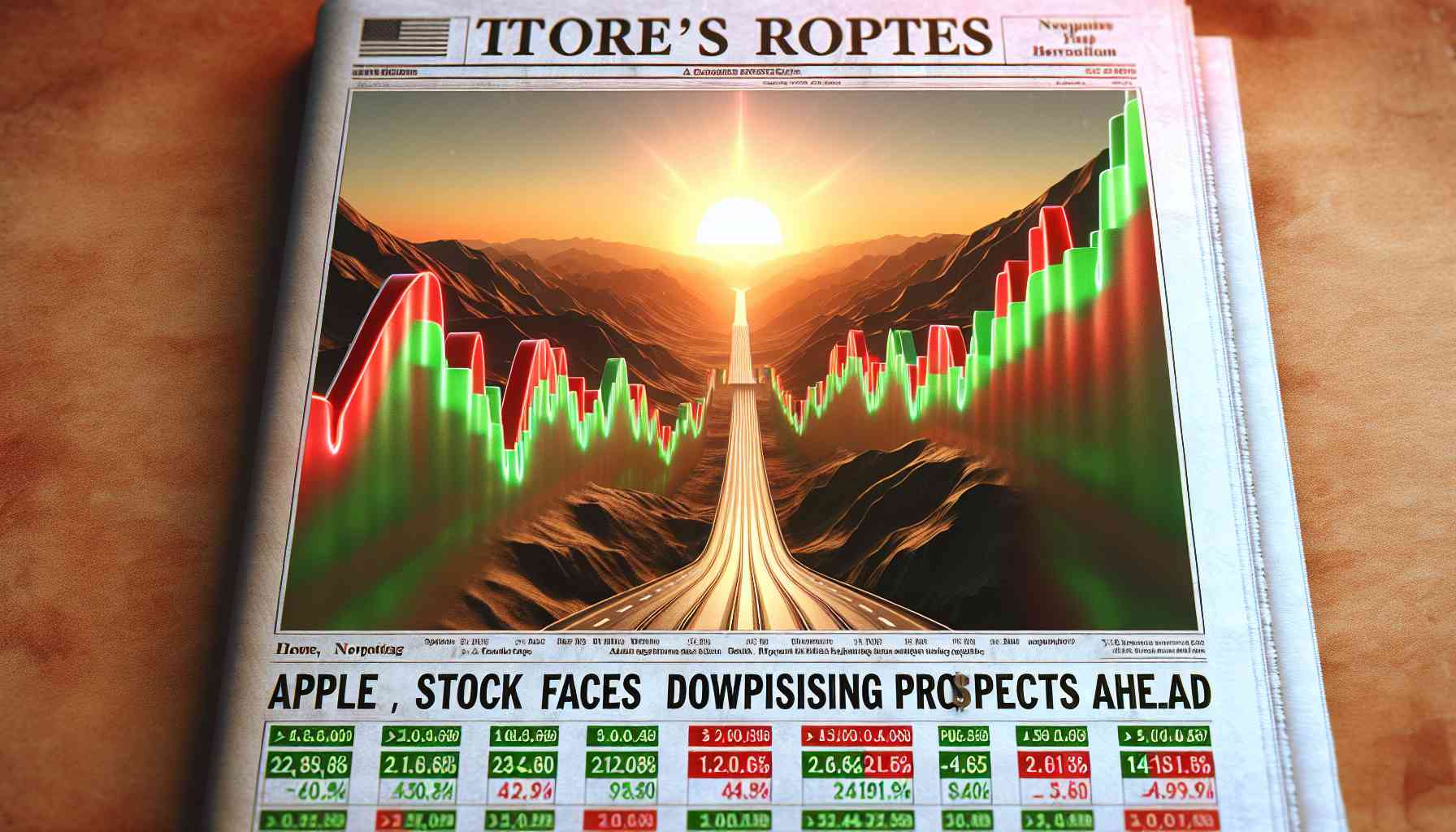 High definition, realistic image of a newspaper front or tickers, featuring the headline 'Apple Stock Faces Downgrades and Challenges, but Promising Prospects Ahead' symbolizing the turbulent journey of Apple's stock in the market. The stock sheets show numbers in red and green, illustrating rises and falls in stock value. A bright sun can be seen on the horizon, symbolizing the promising prospects.