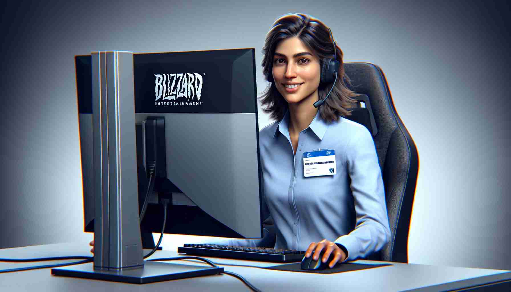 High-definition, realistic image of a Blizzard Entertainment employee using the company's equipment before getting dismissed. The individual is of Middle-Eastern descent, has medium-length hair and is wearing casual corporate attire.