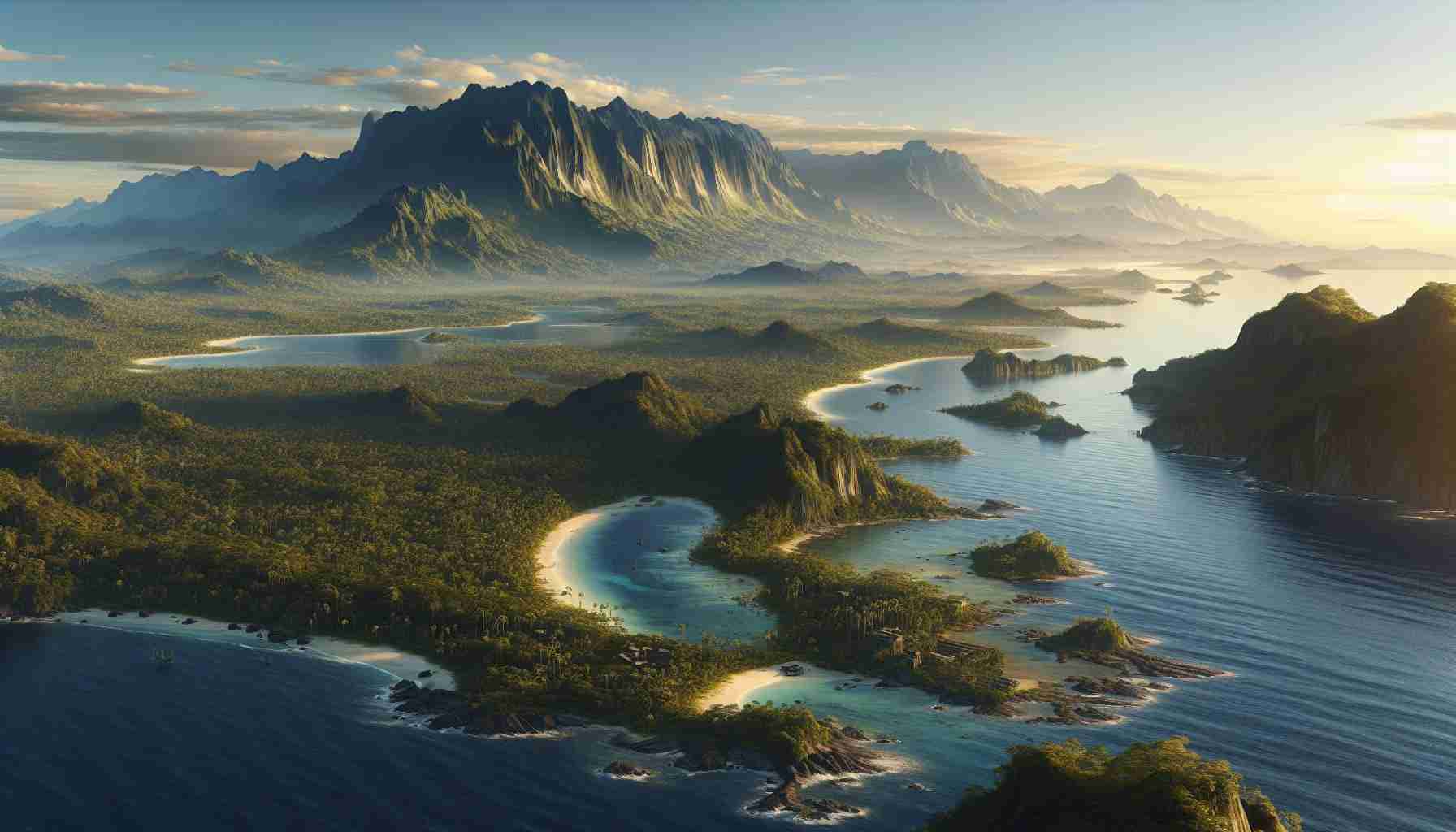 A high-definition, realistic scene capturing the vastness and natural beauty of a large, fictional island. The island is rich with diverse flora and fauna, with lush forests, clear blue waters, and exotic animals. The sky is clear, and the sun is just setting, washing the scenery in warm, golden hues. Majestic mountains tower in the background, and pristine beaches adorn the coastal areas. Hidden amidst the verdant forest cover are structures indicating human habitation. This scene is reminiscent of the 'Palpagos Island' described in fiction.