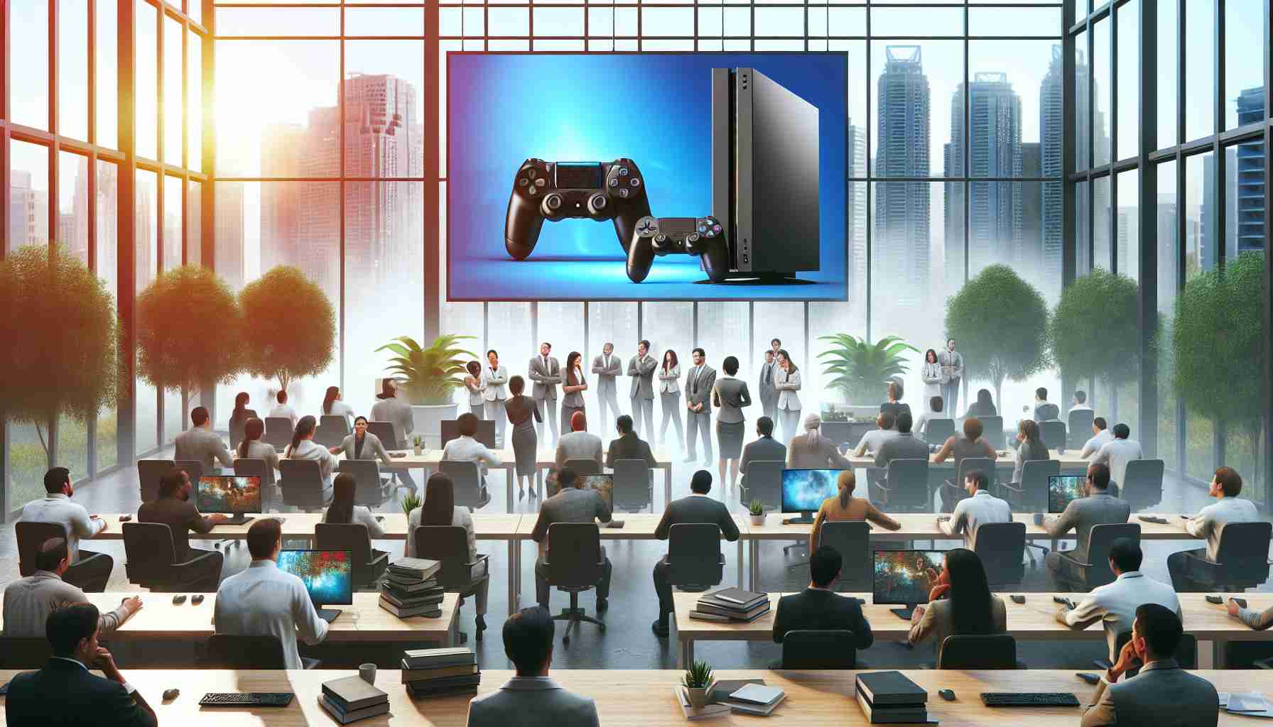 Create a high-definition realistic image that portrays the situation of a large technology and gaming company experiencing mass layoffs. The scene should depict an office environment with a blend of diverse people of various genders and descents, expressing a range of emotions under such circumstances. Include representative images of gaming consoles as part of the office environment.