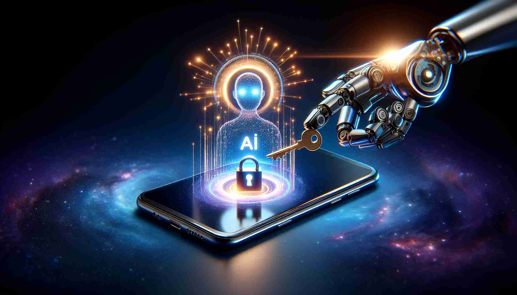 An image that represents the concept of 'Unlocking the Power of Artificial Intelligence: Galaxy AI Now Available on Older Samsung Galaxy Models'. To depict, capture features such as a technological sleek smartphone, preferably of an older model, with an AI icon or symbol displayed on its screen, surrounded by radiant light symbolising 'power'. The background can be set in a galaxy-themed environment to signify the phone's origin. Please include a visual representation of the act of unlocking, like a key turning in a lock or a lock icon being opened.