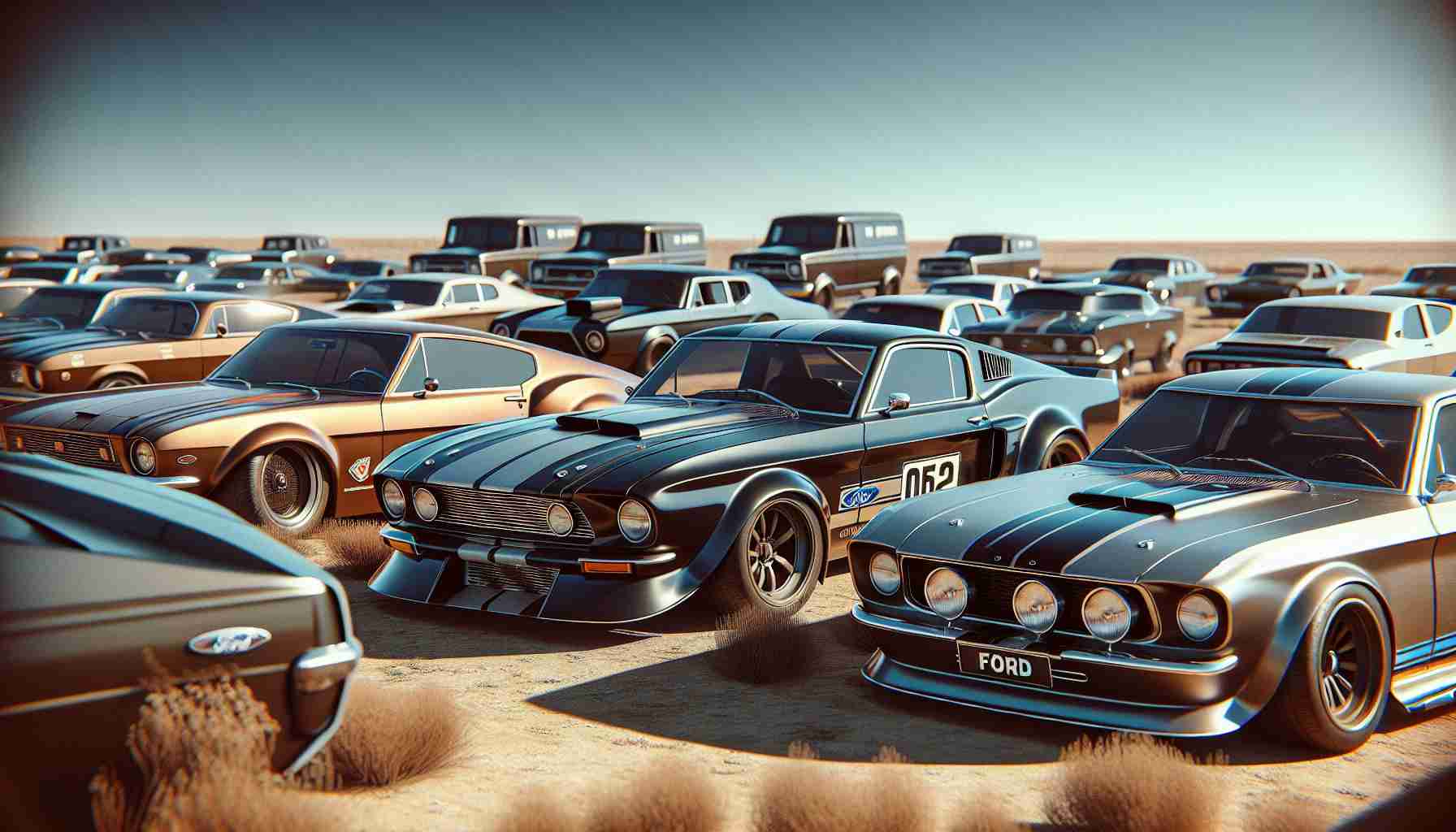 High-definition, realistic image of a collection of classic Ford performance cars, often considered hidden gems within the automotive world. These vehicles are still available for purchase. Depict models from various eras, parked side by side, showcasing their unique silhouettes and distinguishable features. The setting could be a dry, open-air car show with the clear blue sky above. Important aesthetic features to focus on might include the cars' sleek lines, glossy paint jobs in various hues, and vintage branding logos.