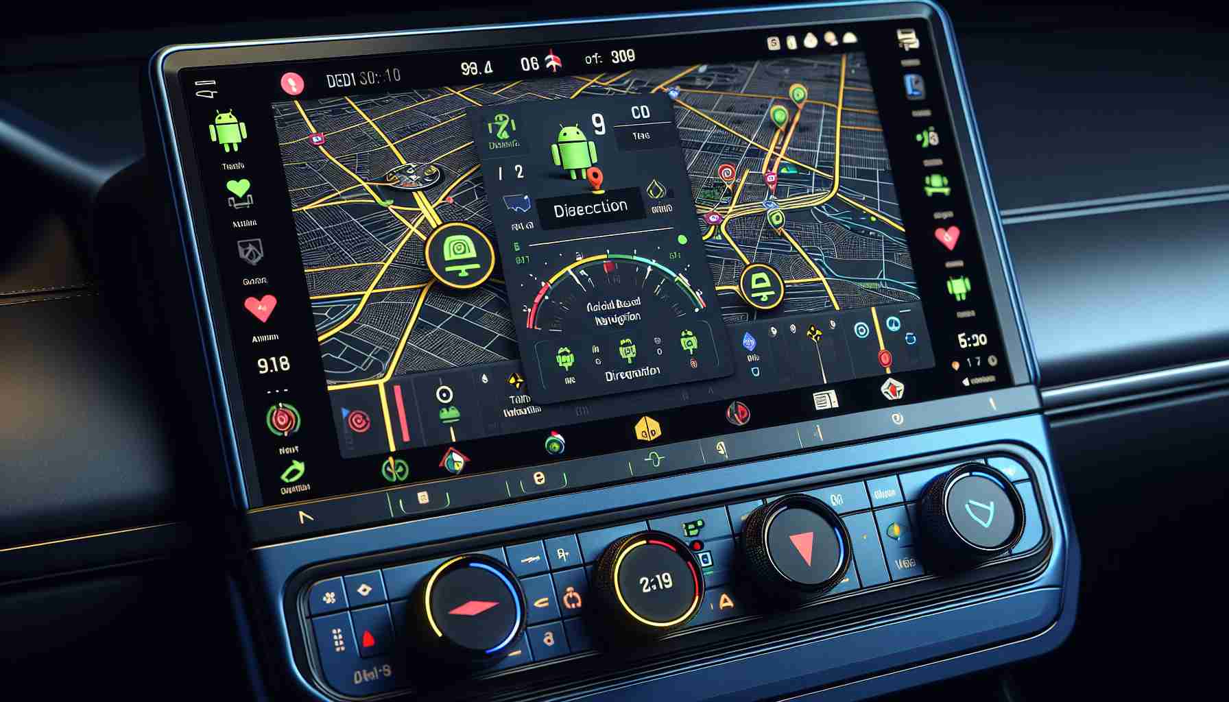 Realistic, high-definition rendering of a three-dimensional update to an automotive Android-based navigation system. The image should display a typical modern car dashboard interface with touch screen, showing detailed maps with direction icons, traffic indicators, and point-of-interest markers. The color palette is characterized by dark and light shades of blue, with white text and yellow and red icons, providing a nighttime friendly illumination. Kindly depict the graphics in a crisp and sophisticated fashion, underlining the modernity and user-friendliness of the system.