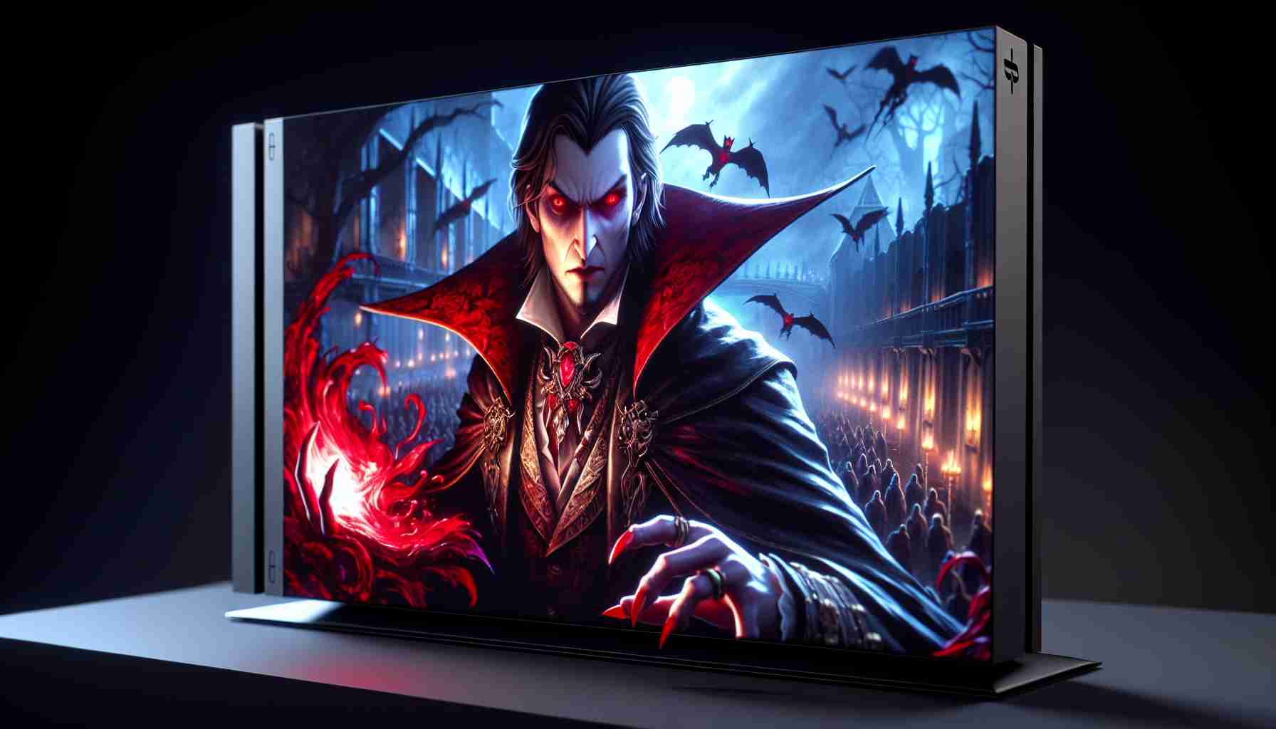 An engaging and detailed image of a hypothetical vampire-themed adventure video game that could be released on a next-generation gaming console. The game, V Rising, is set in a gothic, dark world and features a primary character who is a vampire with sharp fangs, blood-red eyes, and a classic cloak. This envisioned game uses high-definition game graphics that truly bring this gloomy, otherworldly setting to life. This scene displays a pivotal moment in the game where the main character is engaged in a thrilling action-filled sequence.