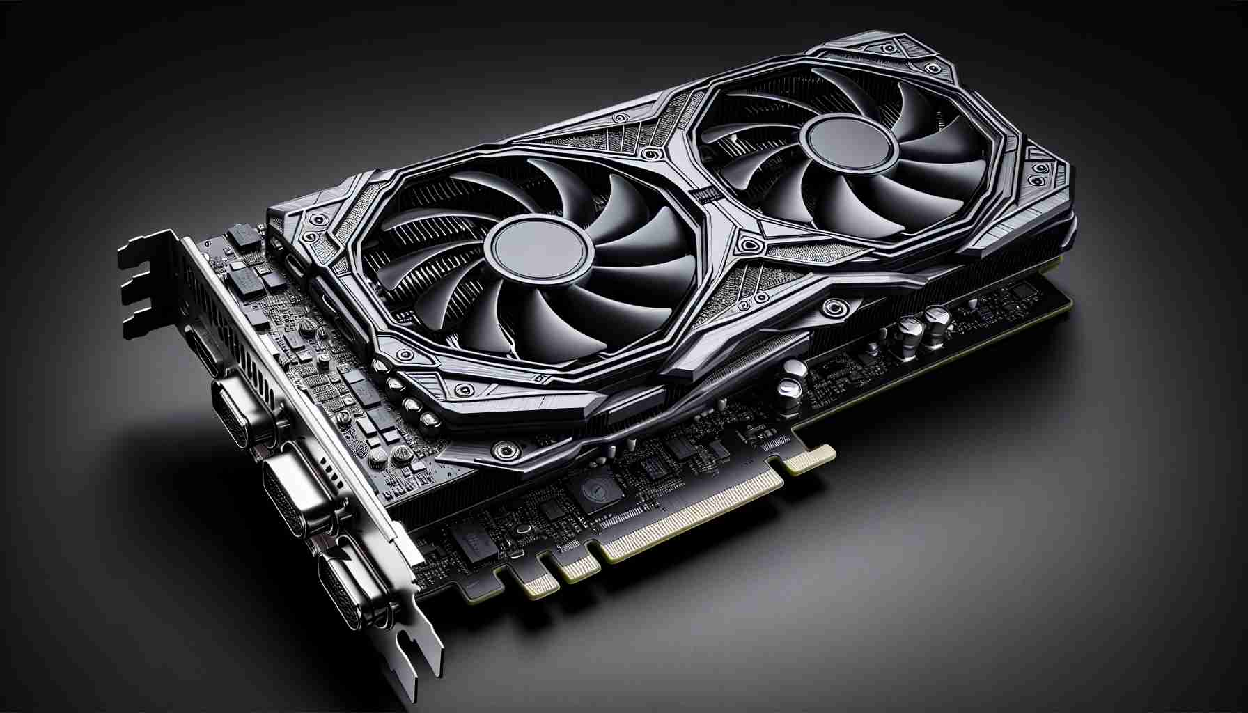 An incredibly detailed and realistic high-definition image of a high performance graphics card popular among gaming enthusiasts. This graphics card, an example of cutting-edge technology, is equipped with advanced features, a large cooling fan, and ports for input and output. Its design is aesthetically pleasing, displaying an intricate circuit board underlying the structure, and a sleek outer casing with stylish branding. The model is simply a representation, not connected to any specific brand.