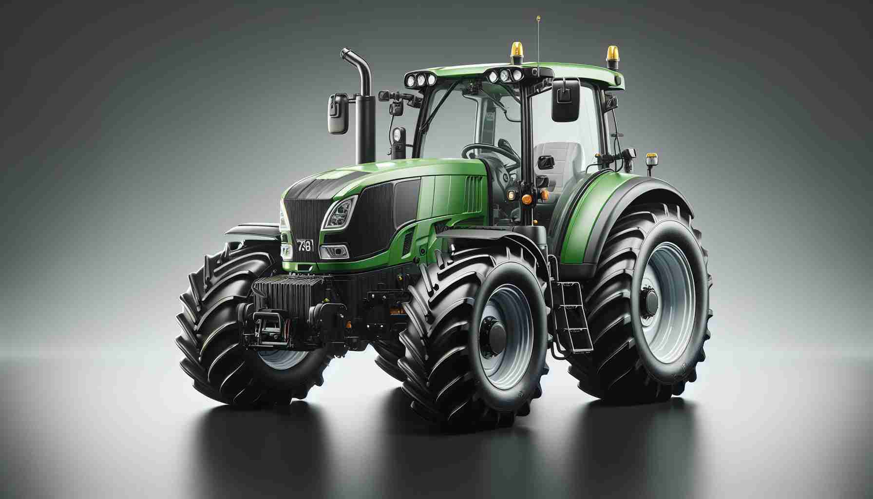 Realistic HD photo of a green electric tractor made by a popular agricultural machinery brand