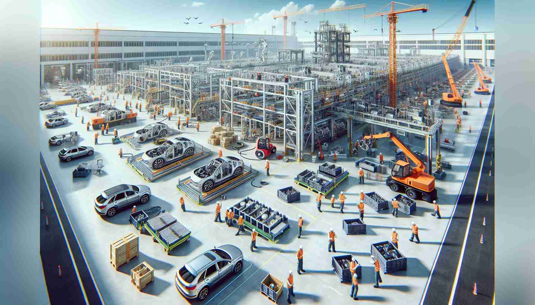 Generate a realistic, high definition image of an EV (electric vehicle) plant expansion, unspecified brand. The scene should involve construction workers of diverse descents and genders wearing safety gear while erecting new infrastructure. Also, depict robotics and machinery involved in car assembly, conveyor belts streaming with car parts, workers installing large battery packs into the skeleton of electric vehicles, and crates full of components waiting to be assembled. The sky can be bright and clear, signifying a typical day at work. The plant should look expansive with a variety of activities indicating growth and progress.