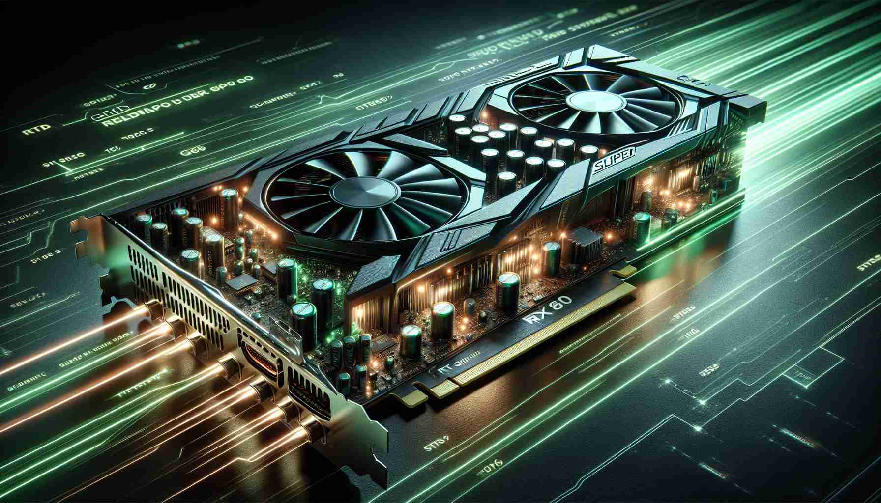A realistic HD image showcasing a graphic card similar to an RTX 4080 SUPER and its performance improvements. The graphic card is black with green lights and high-end components including numerous capacitors, heat-sinks, and cooling fans. The image also depicts the remarkable capacity and speed of the card, represented by glowing lines and numbers indicating increased frame rates and lower latency.