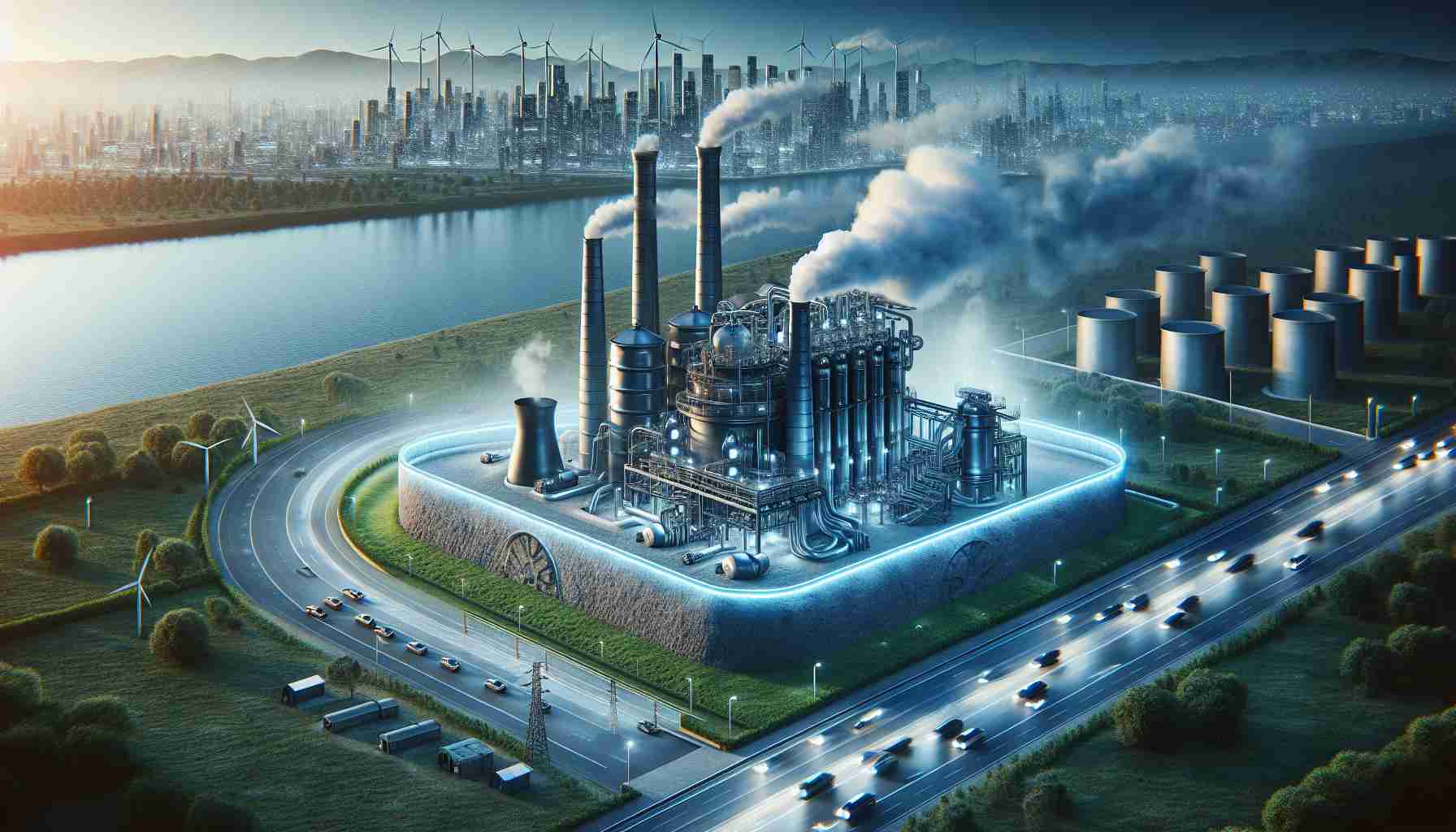 Realistic HD photo of carbon capture technology demonstrating a reduction in carbon dioxide emissions