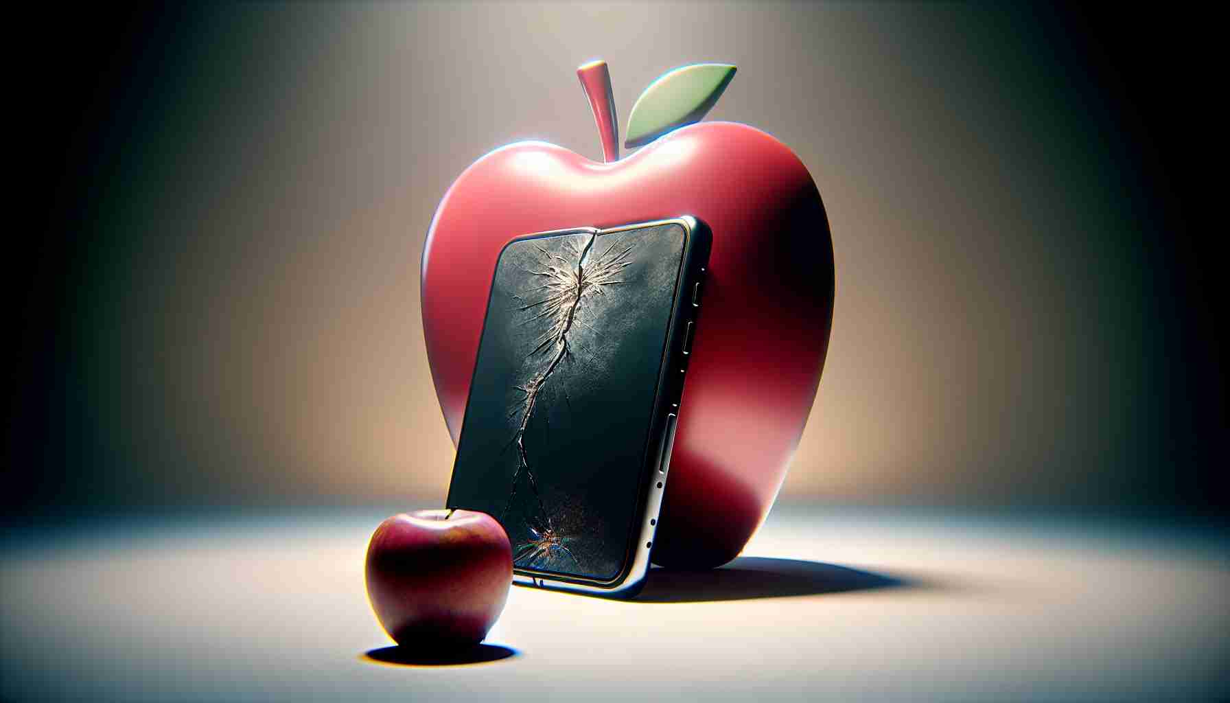 A high-definition realistic image depicting a symbolic representation of the concept. The scene is based on a technology giant company, symbolized by a large, shiny red apple, taking a step back from a technology representative of a foldable phone. The phone appears worn out and fragile, visually expressing the concern over its durability. This can be expressed by visible wear and tear, a few small cracks on the screen, or a general appearance of fragility. The background is a simple, neutral one to focus attention on the main subjects.