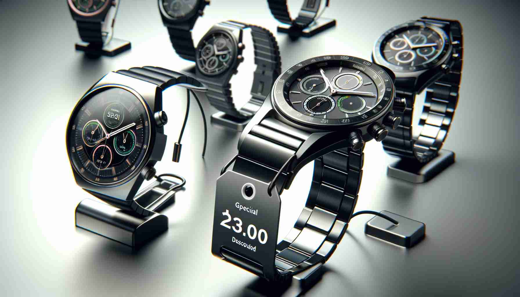 A high-definition 3D render showcasing a collection of sleek smartwatches, similar in design to modern sports watches, positioned prominently to emphasize their unique and sophisticated features. In the foreground, a specially marked watch denoting it as a high-performance model, is shown with a label highlighting its discounted price.