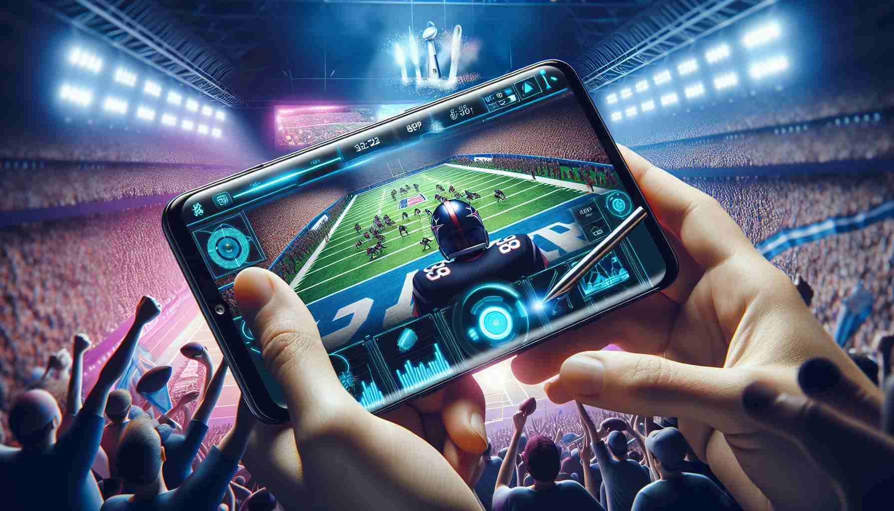 A high-definition, realistic image showcasing the advanced technology of a generic smartphone during a large American football game, the Super Bowl. On the screen of the phone, there can be seen a game application with complex graphics running smoothly, demonstrating the powerful hardware of the phone. Surrounding the smartphone, there's a lively environment with football fans cheering in the background, reflecting the thrill and excitement of the Super Bowl.