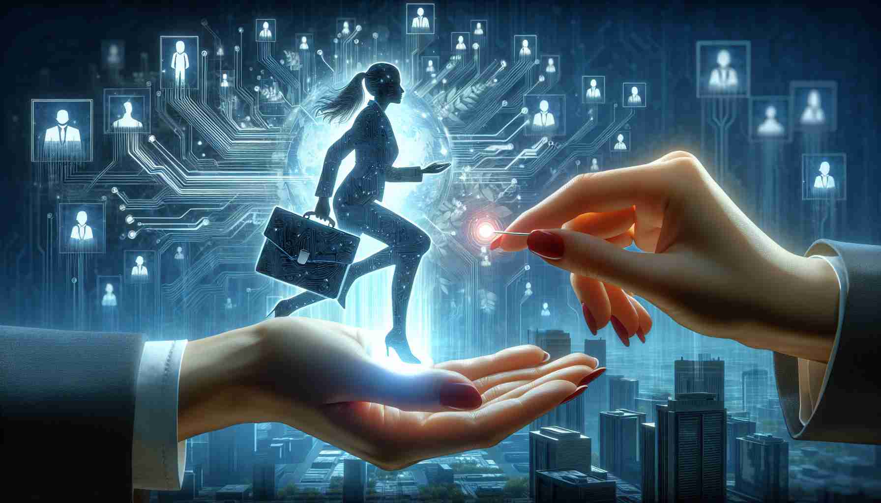 A high definition, realistic image of a novel concept for job finding: A woman, who was previously let go from a social networking site for professionals, lands a job with twice the salary at a major technology company.