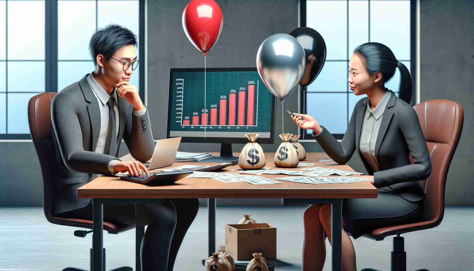 A realistic, high-definition image representing the concept of people either inflating or deflating their salaries. Visualize a scene with two individuals in a corporate setup discussing payment details on a computer. One person is ideally an Asian male in a business suit with a calculative and sly expression suggesting the inflation of his salary. The other person is a Black female HR representative, also in professional attire, with a skeptical look. The computer screen displays bar graphs indicating an increase in salary. A pair of deflated and inflated balloons, symbolizing the salary status, sits on their desk.