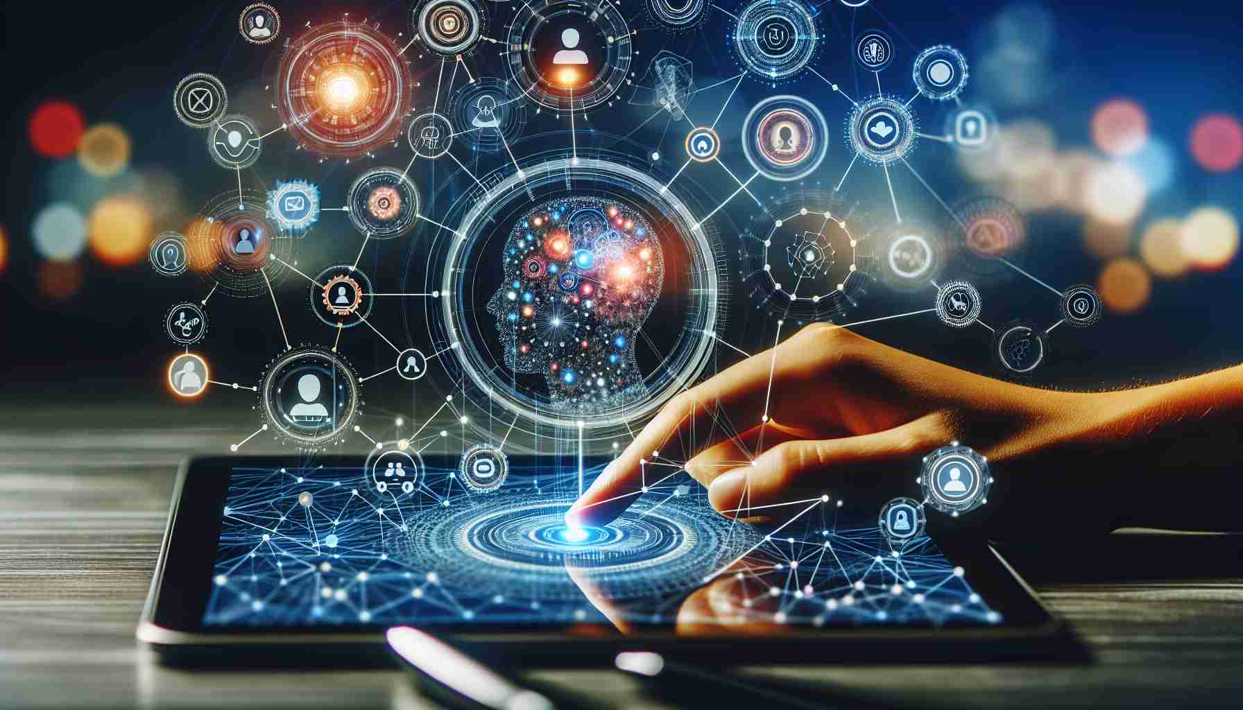 Generate a realistic HD photo representing the concept of 'AI Business Approach', symbolized by connections, data streams, and digital touchpoints, within the theme of a modern tech company similar to Meizu.
