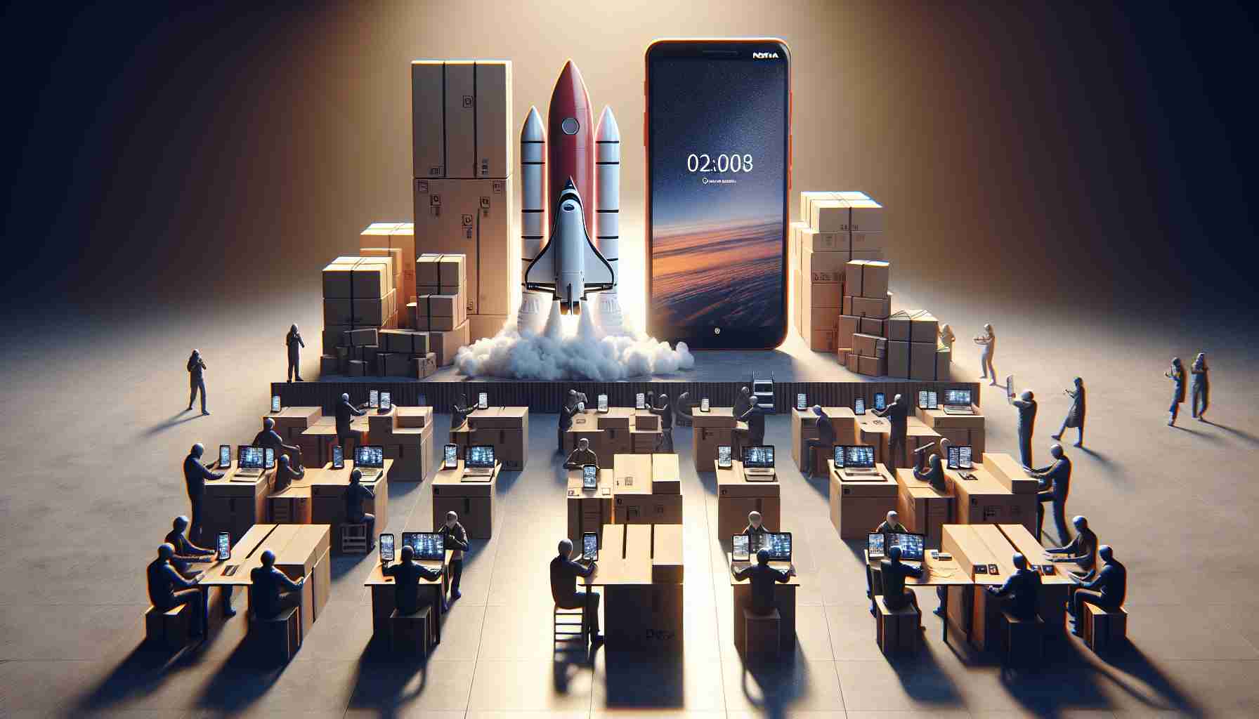 High-definition, realistic image of the launch preparation scene for 17 distinct mobile devices under a self-owned brand, excluding any specific references to Nokia phones.