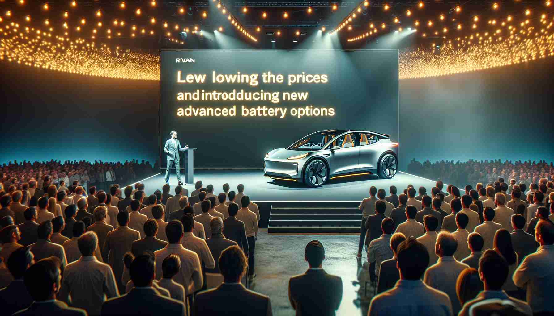 A detailed, high definition image of Rivian lowering the prices and introducing new battery options for the R1T and R1S models. The scene is filled with lively ambiance of a vehicle showcase event where the new models with noticeable advanced battery options are being presented to an intrigued crowd. The improved features on these electric vehicles should reflect their superior performance and utility over their predecessors.