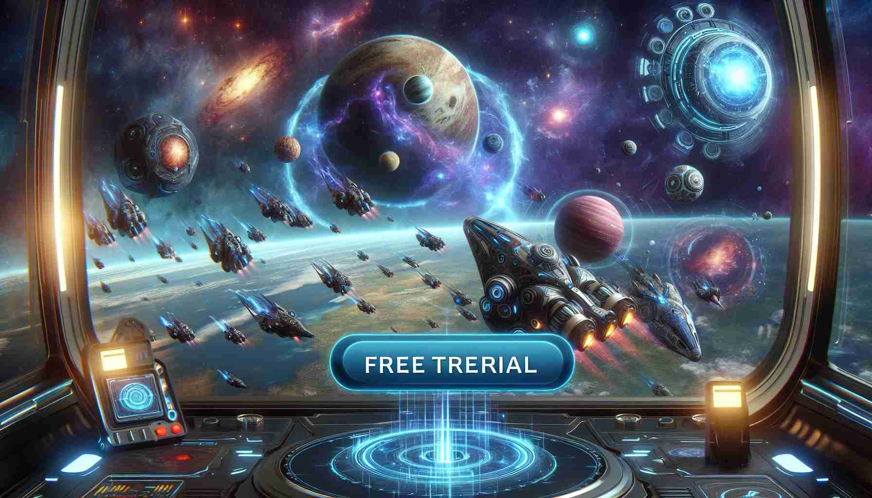 Generate a realistic high-definition photo of a futuristic space exploration game where users can take part in an upcoming free trial period. The game setting should depict a vast universe filled with diverse galaxies, intricate space ships, and exotic planets.
