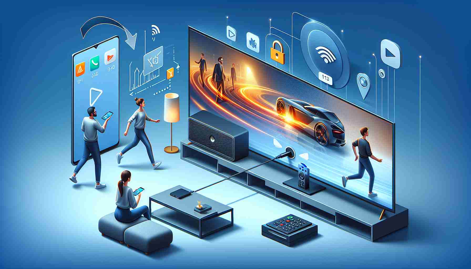 Realistic high-definition image depicting the process of easily connecting a phone to a television and enjoying the large screen.