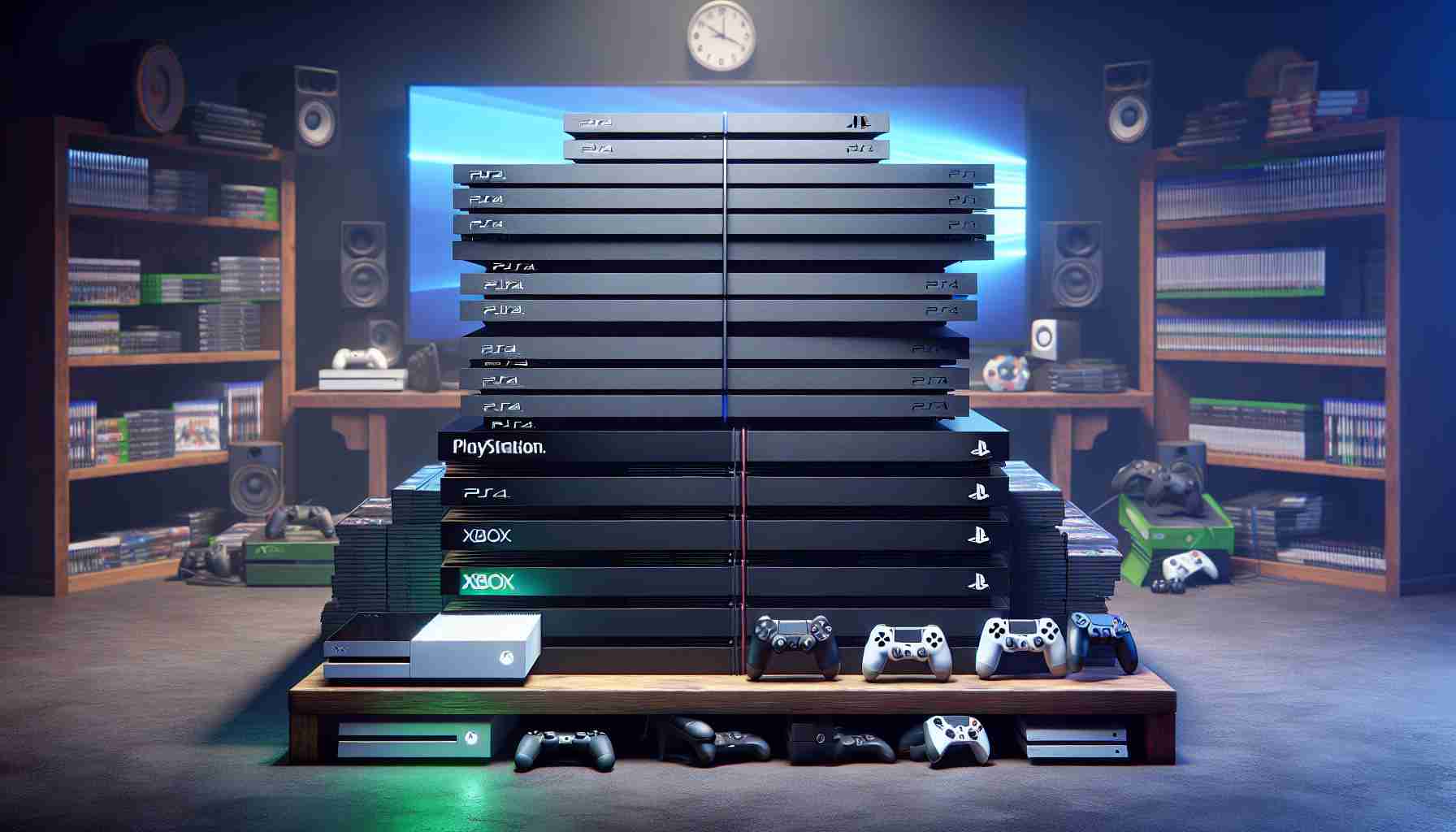 Render a realistic, high-definition image showing a large stack of PlayStation consoles placed next to a smaller stack of Xbox consoles, indicating PlayStation's huge lead over Xbox. The consoles are located in a gaming environment with various gaming peripherals around.