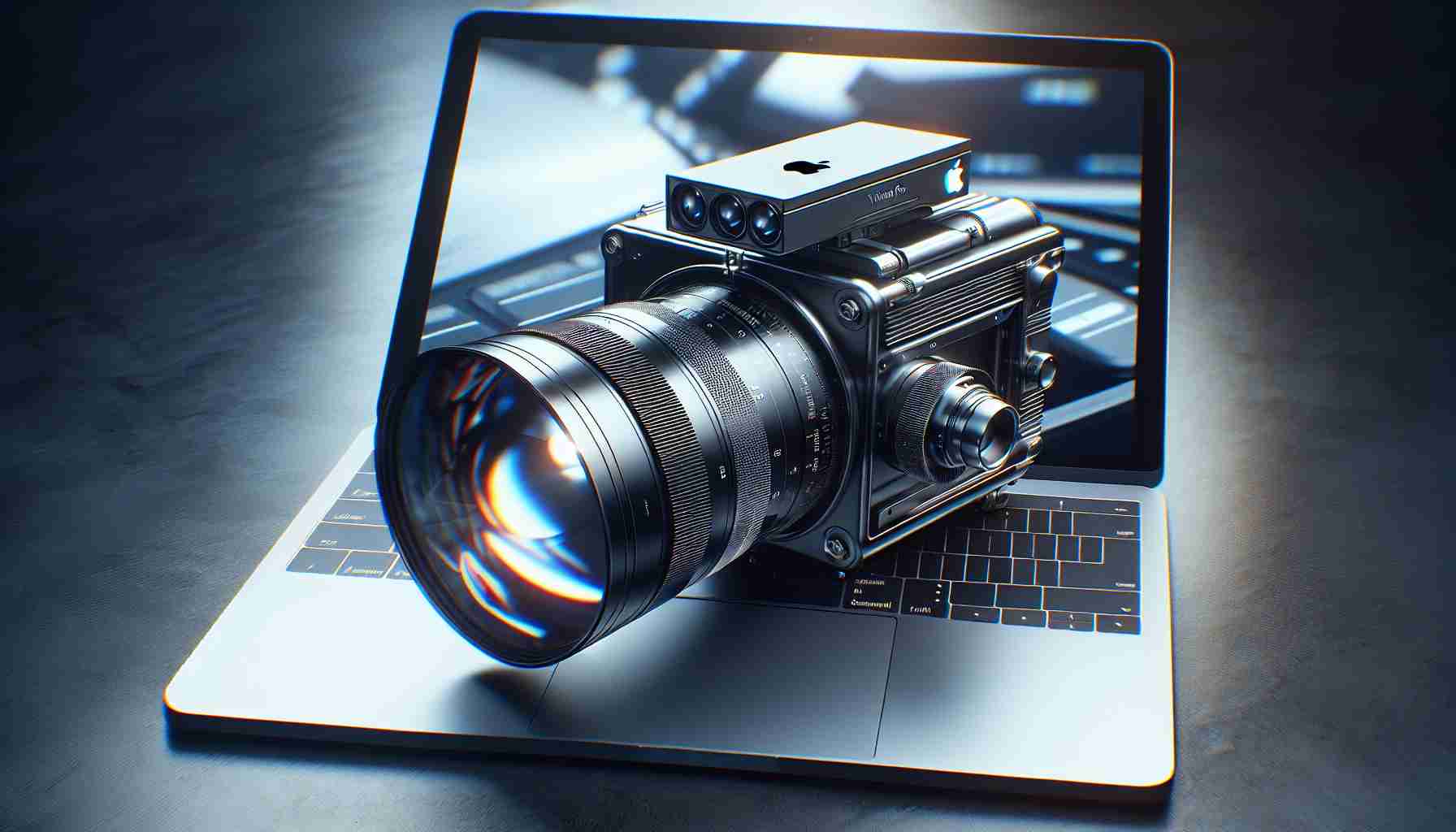 A high-resolution, realistic image displaying a concept of a professional-level, revolutionary technology devise, branded as the 'Apple Vision Pro'. This hypothetical device is noted for its radical collaboration with a well-known, large-format movie technology company.