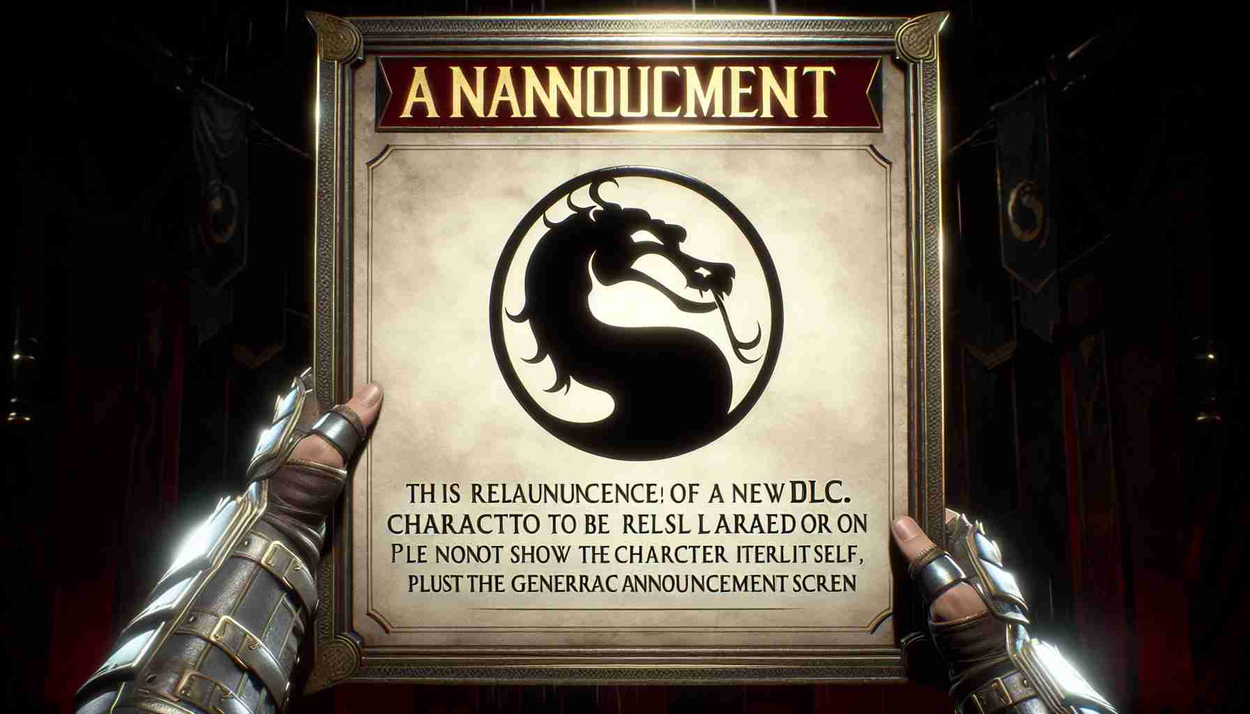 A realistic, high-definition image of a gaming screen, showcasing the announcement of a new DLC character to be released on a specified date for the Mortal Kombat game. Please do not show the character itself or name the character, just the generic announcement screen.