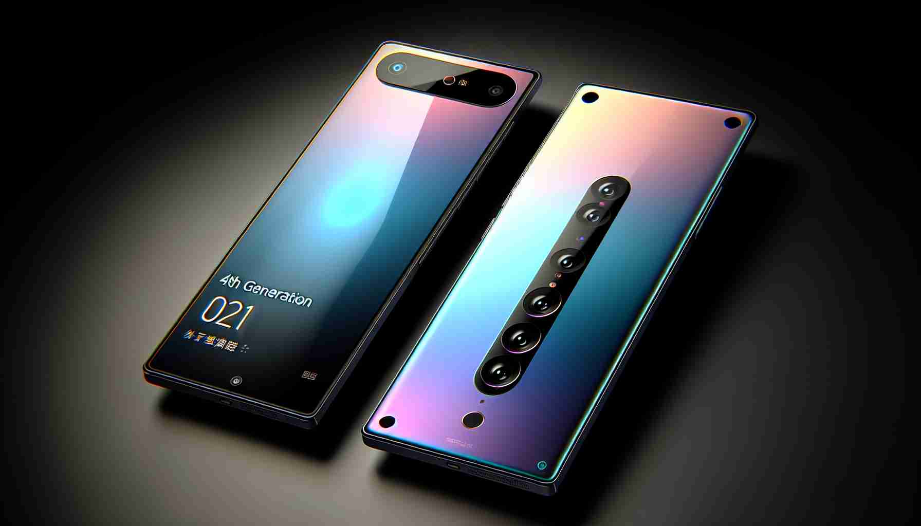 High-definition, realistic depiction of an unidentified 4th generation smartphone with contemporary aesthetics. The phone features a full-screen display with a small pinhole camera at the top, an ultra-slim body, a glass back with a gradient colour effect, and a rectangular camera module at the back housing multiple lenses. The image should evoke a sense of anticipation, as if it represents a long-awaited, advanced technology device whose details have just been made public. Note that it should not be any specific brand's model or a device that can be identified as belonging to a real company.
