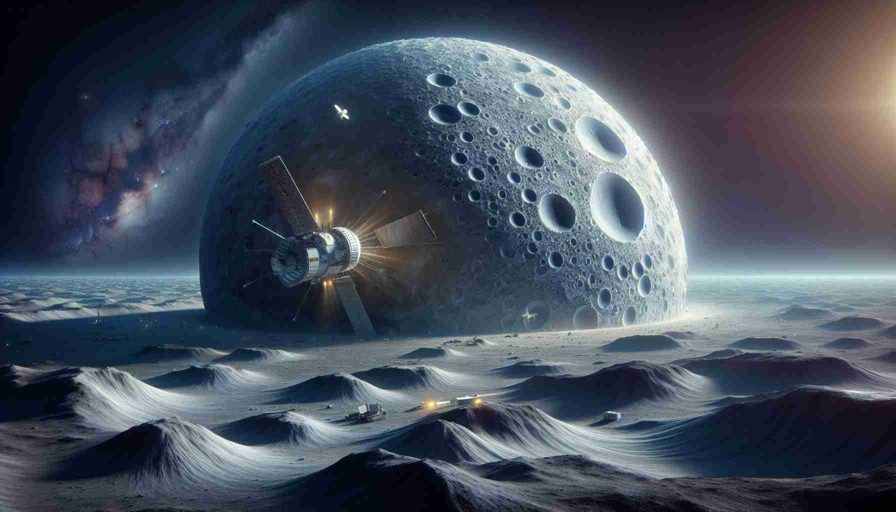 A highly detailed, realistic depiction of the shrinking moon. Highlight the unique struggles and opportunities this presents for space exploration. Showcase spacecrafts maneuvering around the changing lunar landscape, trying to adjust to the new challenges while also exploiting the potential advantages.