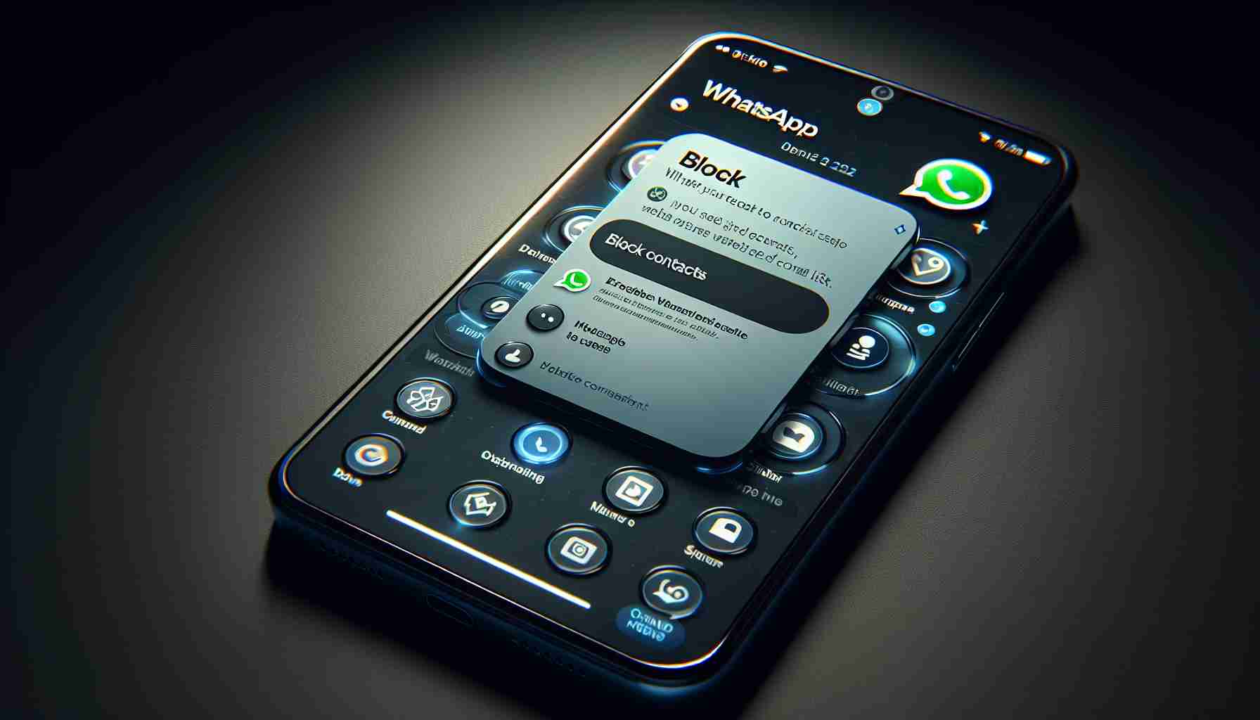 A highly detailed and realistic rendering of a smartphone screen displaying an enhanced version of the WhatsApp interface. The screen features a new functionality allowing users to block contacts directly from the lock screen or chat list. The interface should be user-friendly and intuitive, with icons and text carefully positioned for easy navigation.