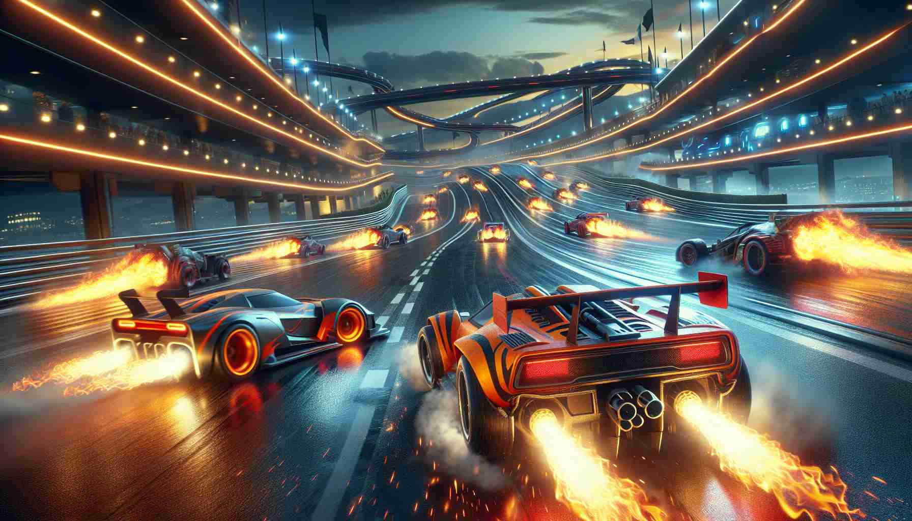 High-definition, realistic photo of a thrilling, action-packed car race inspired by classic arcade racing games. The scene includes blazing race cars in vibrant colors competing neck-to-neck on a complex, intricately designed race circuit. The unstoppable vehicles are equipped with power-ups, demonstrating extreme speed and performance. The environment is intense with dynamic weather effects, adding a layer of realism to the scene.